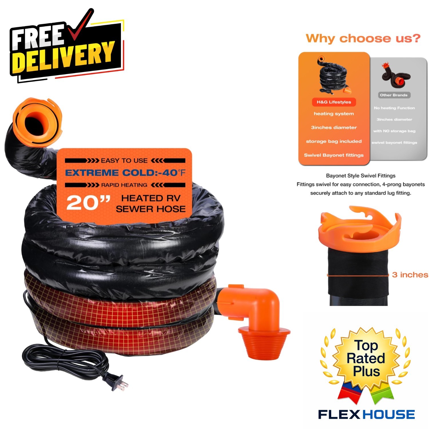 20ft Heated Sewer Hose - Anti-Freeze Design for RV & Camper Waste Disposal