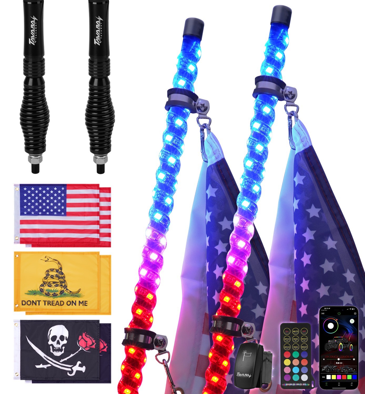 2pcs 6FT LED Whip Lights RGB Chasing Safety Flag Light for Truck Polaris SXS RZR