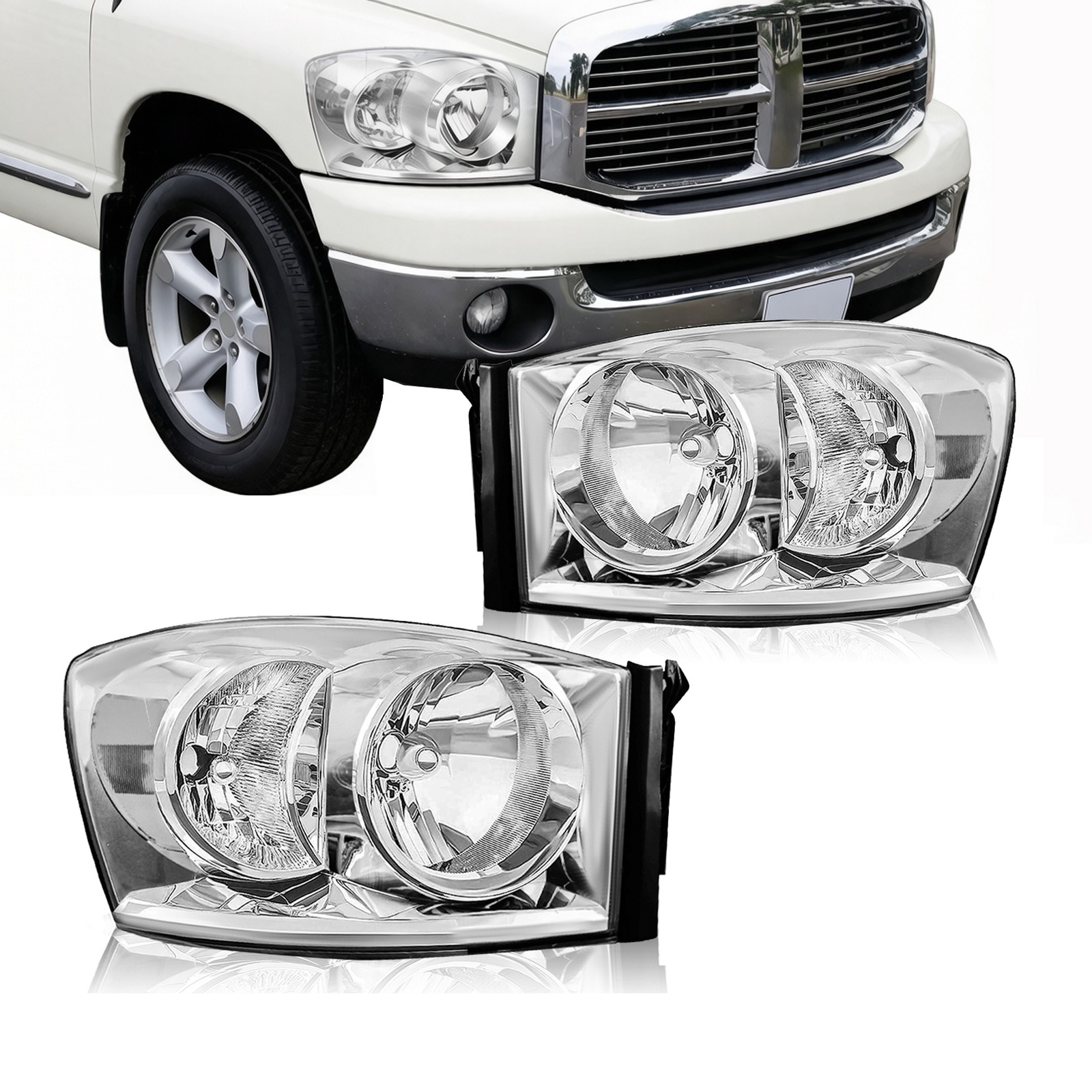 Pair Chrome Headlights Clear Reflector For Dodge Ram 1500/2500/3500 2006-2009