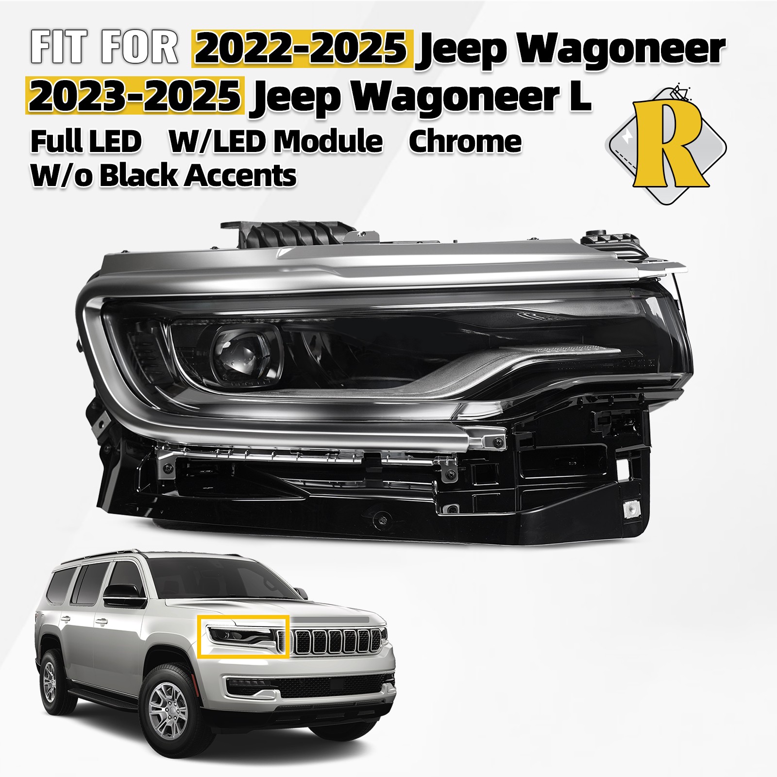 For 2022-2025 Jeep Wagoneer Full LED Projector Chrome Headlight w/Module Right