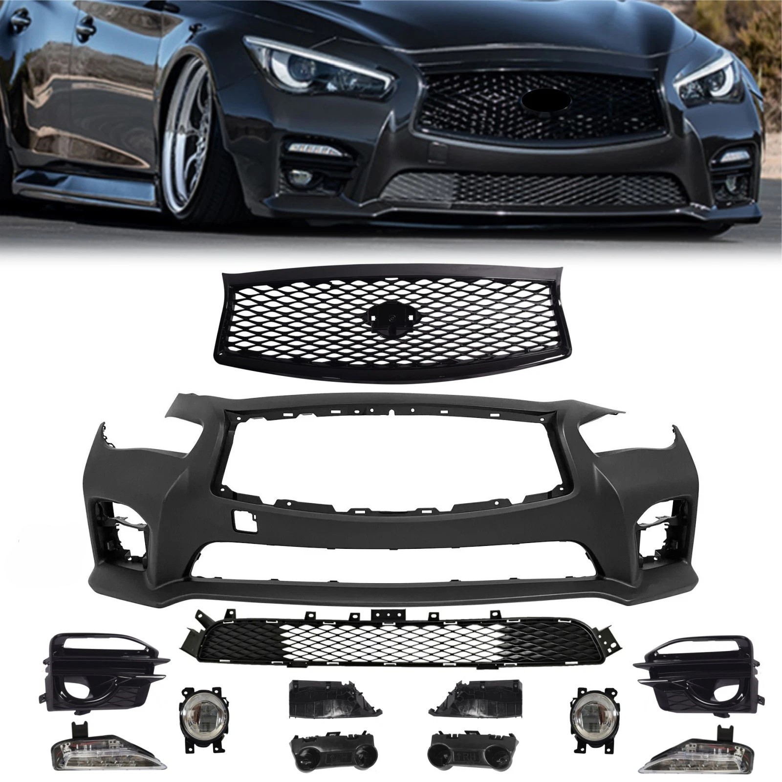For Infiniti Q50 Sport 2014-2017 Front Bumper Cover/Bracket/Grille/Fog Light Kit