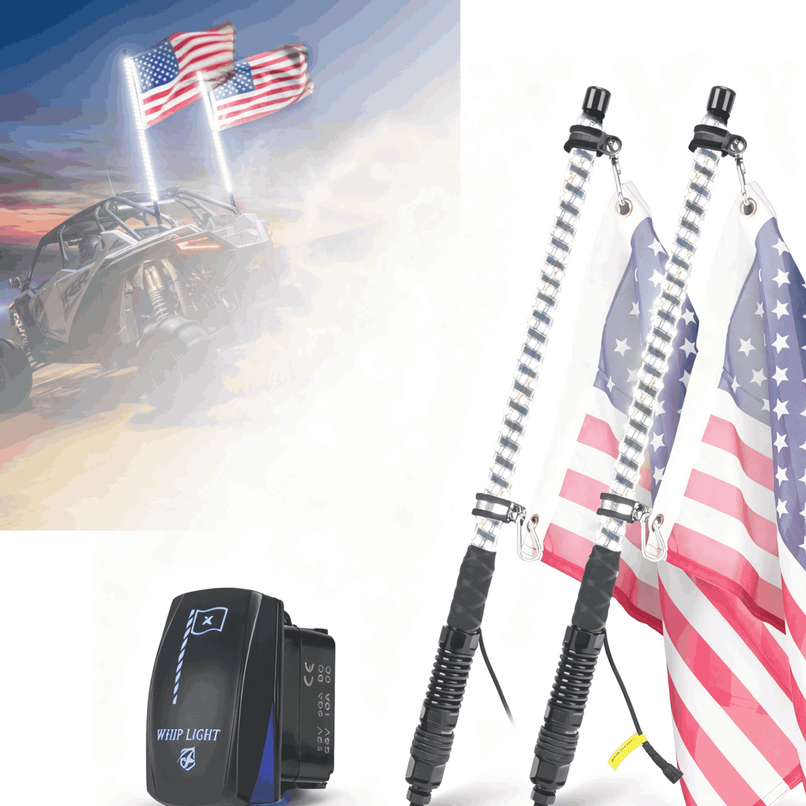 Xprite 2x 2FT White LED Whip Lights w Spring Base Rocker Switch Fits Can-Am Jeep