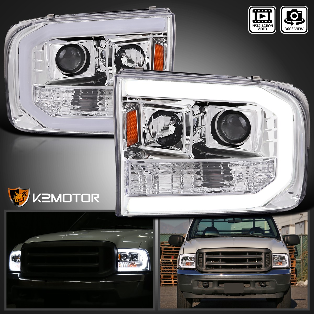 Fits 1999-2004 Ford F250 F350 F450 SuperDuty LED Tube Projector Headlights Lamps Fits 1999-2004 Ford F250 F350 F450 SuperDuty LED Tube Projector Headlights Lamps