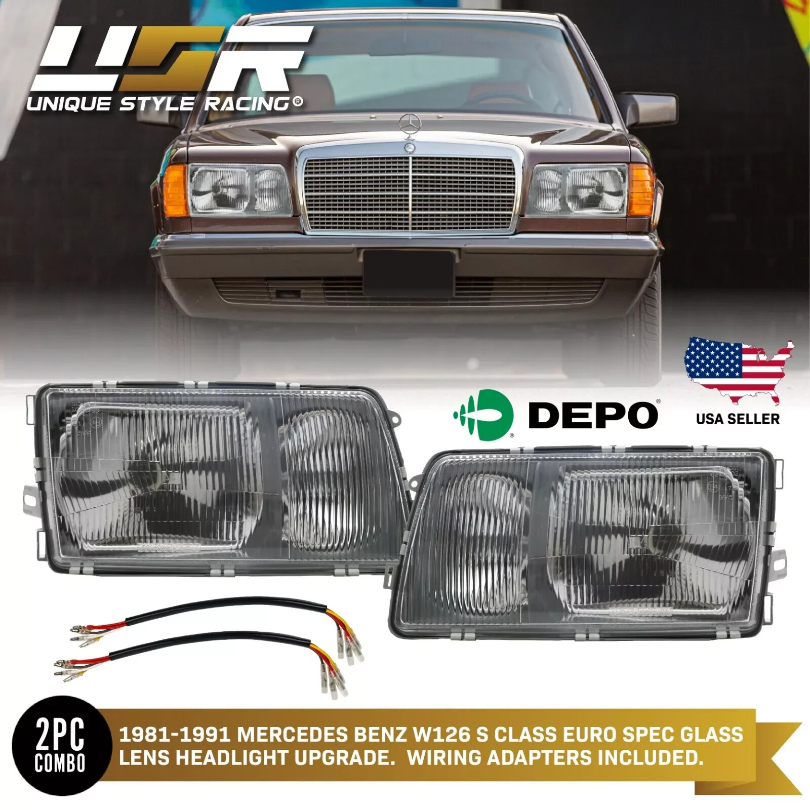 DEPO Euro Glass Headlight + 4to5 Pin Wire Adapters for 81-91 Mercedes Benz W126