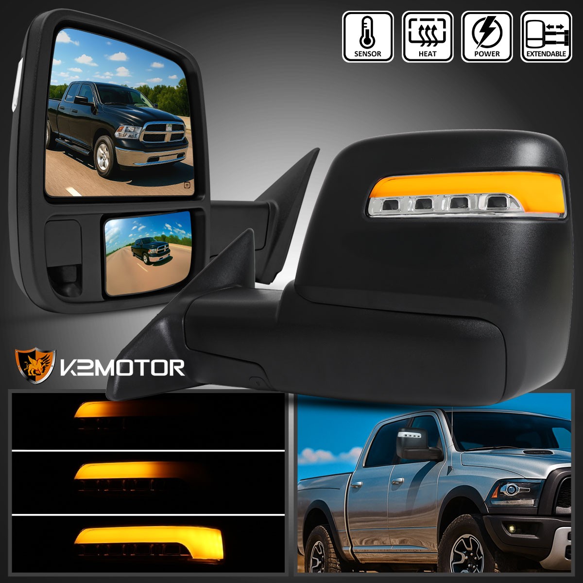 [2023 Style] Fits 2009-2018 Ram Power Heated Tow Mirrors w/LED Sequential Signal