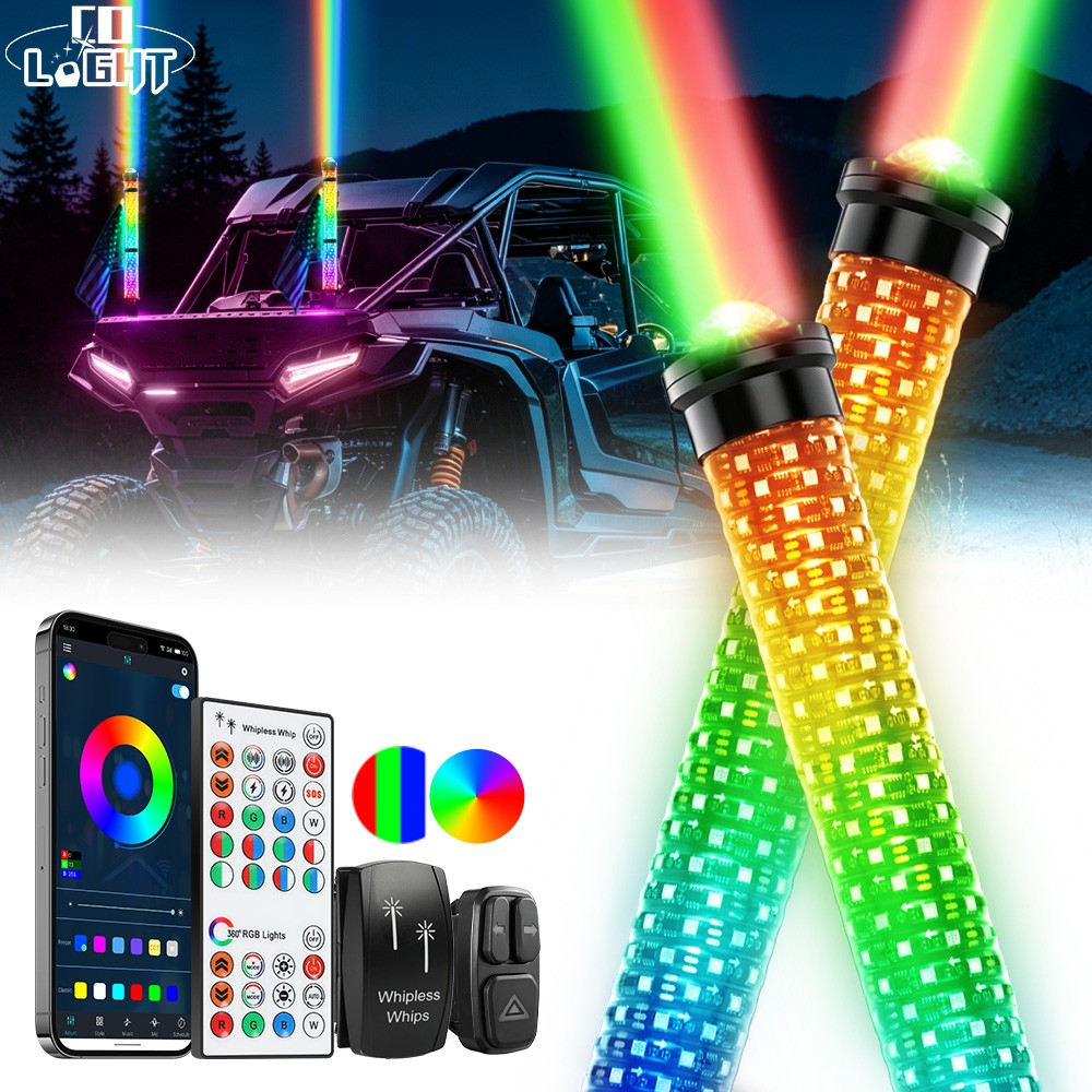 2-IN-1 2FT Fat Whip Lights Spiral Chasing Laser Whip Lighted Antenna For X3 RZR