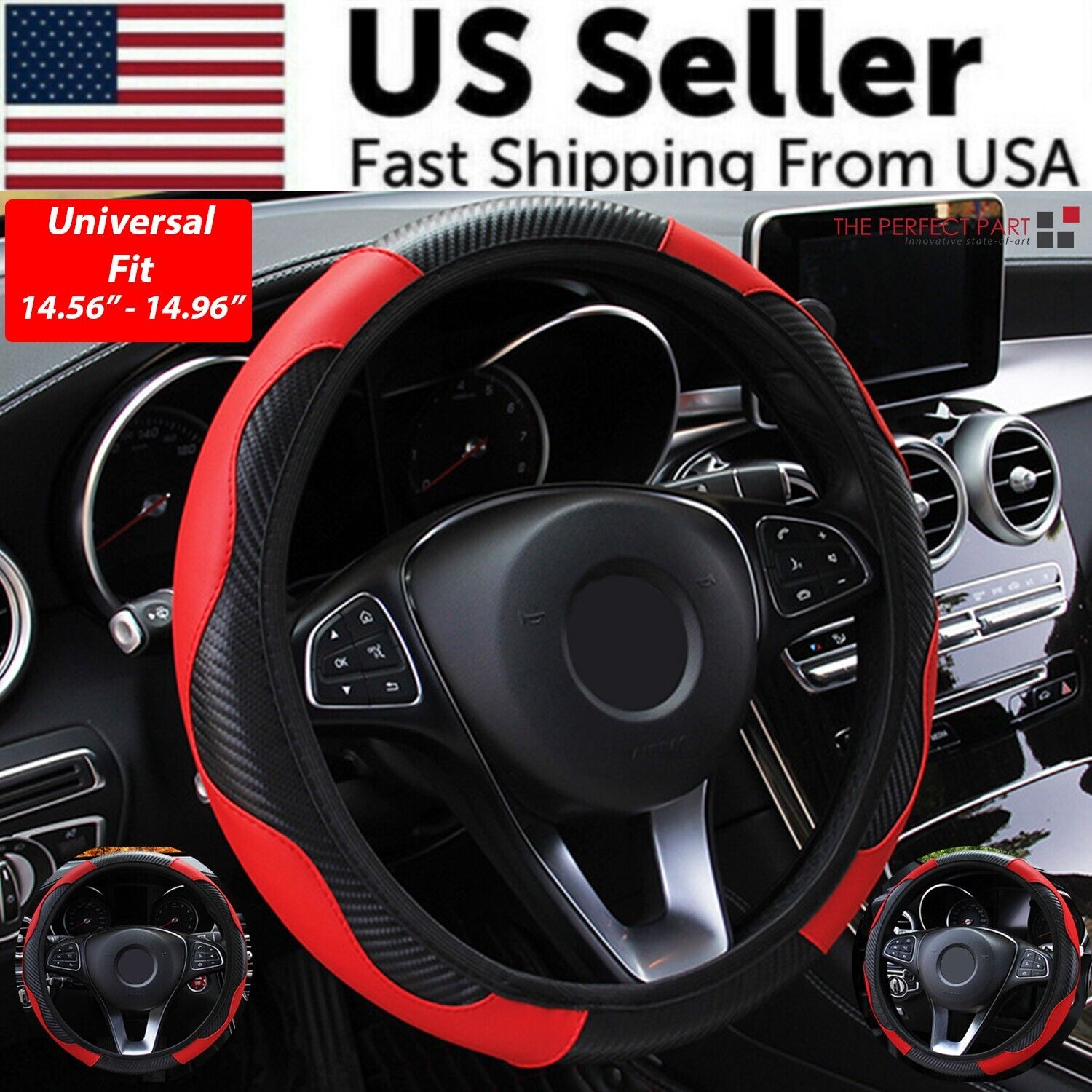 Car Steering Wheel Cover Red Black Leather Anti-slip For 15\
