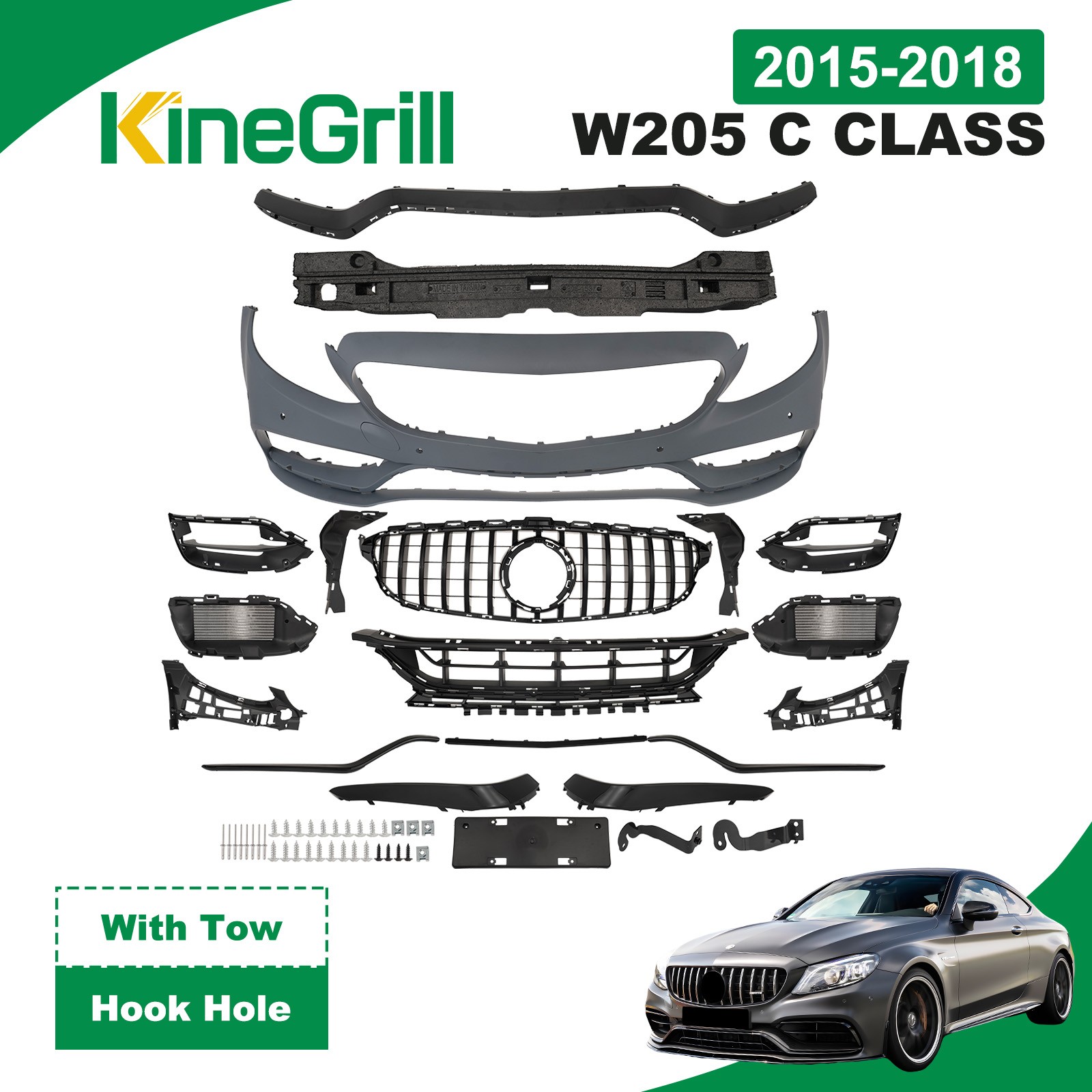 For 15-18 W205 C Class Upgrade to C63 AMG Style Front Bumper Kit W/ Camera Hole
