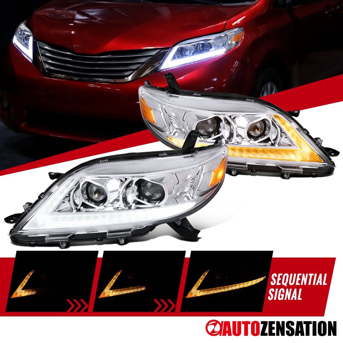 Fit 2011-2020 Toyota Sienna Projector Headlights Lamps LED DRL Sequential Signal