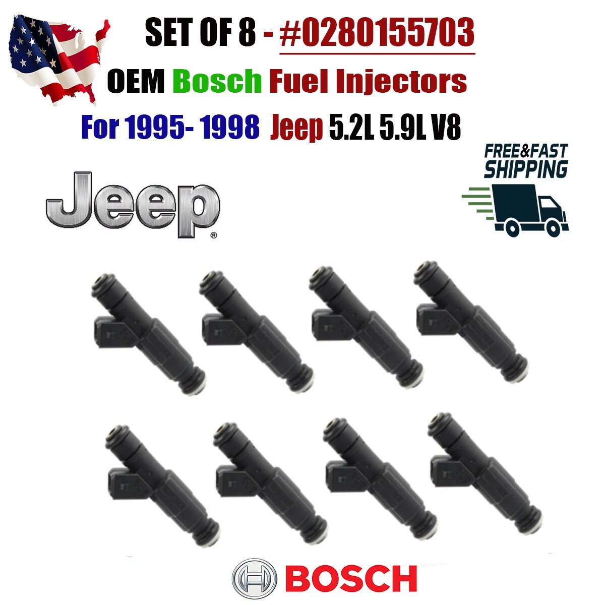 OEM Bosch x8 Fuel Injectors for 1994-1998 Jeep Grand Cherokee V8 #0280155703