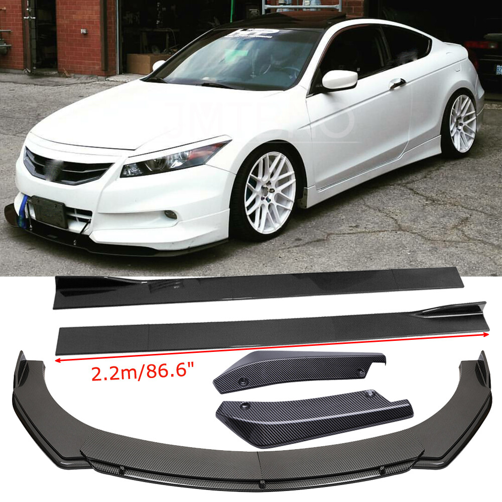 For Honda Accord Coupe Sedan Front & Rear Bumper Lip Spoiler + Side Skirt Carbon