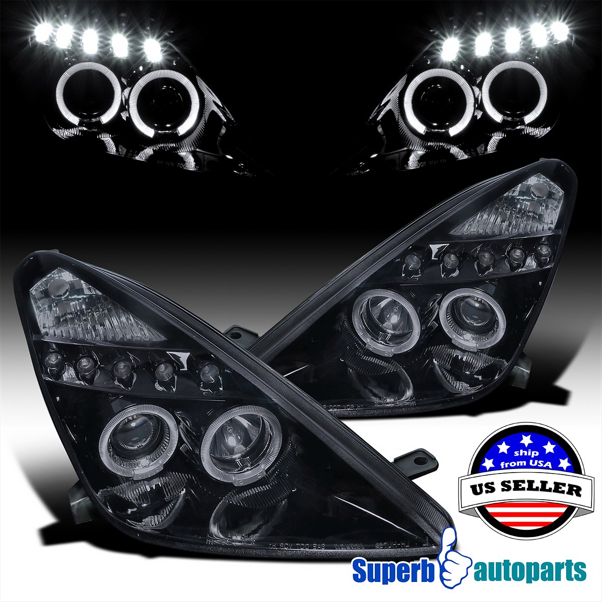 Fits 2000-2005 Toyota Celica Projector Headlights Halo LED Glossy Black Smoke