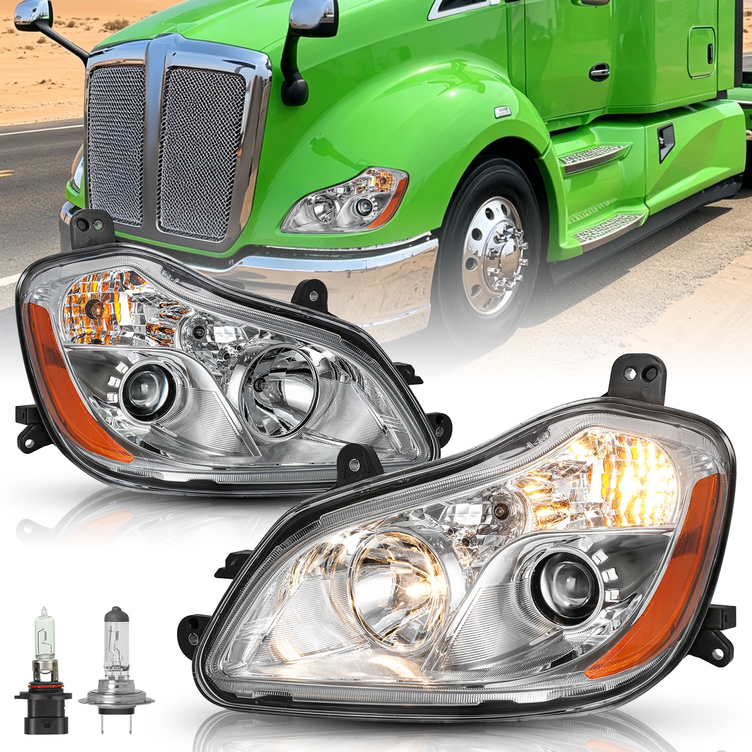 Left+Right Pair For 2013-2021 Kenworth T680 Headlight Assembly Headlamps w/Bulbs