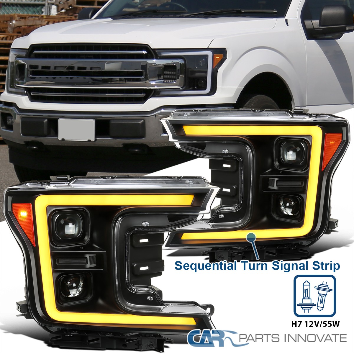 Black Fits 2018-2020 Ford F150 Amber DRL LED Sequential Projector Headlights