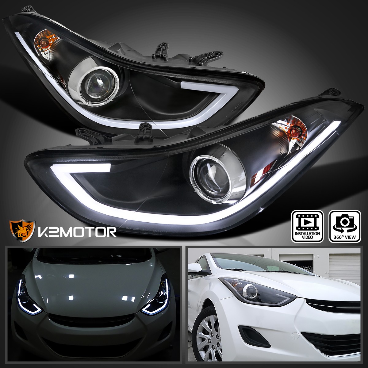 Black Fit 2011-2013 Hyundai Elantra 4Dr LED Tube Projector Headlights Lamp LH+RH