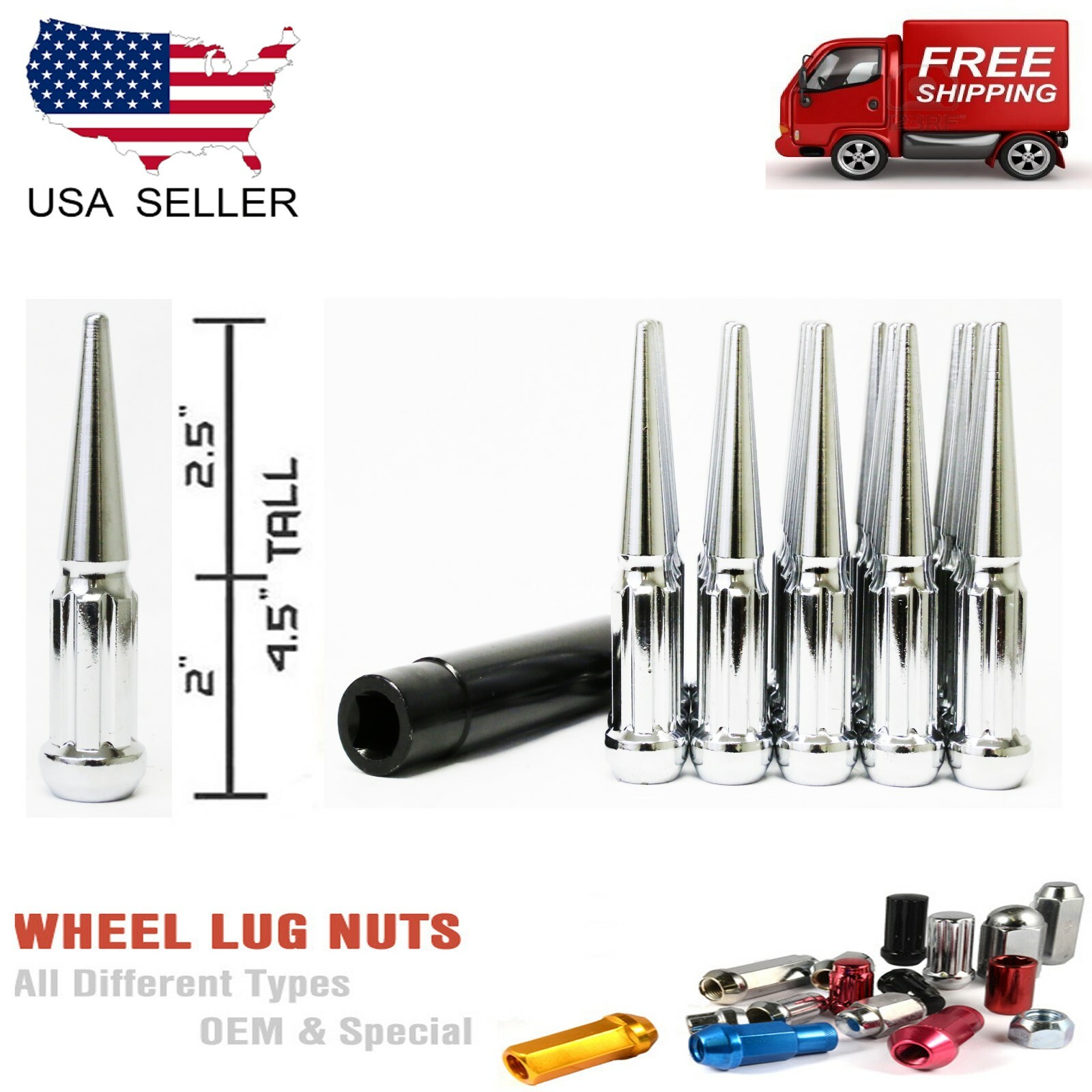 20PC 1/2x20CHROME 4.5”SPLINE SPIKE LUG NUTS FITS MUSTANG/WRANGLER+ANTI THEFT KEY