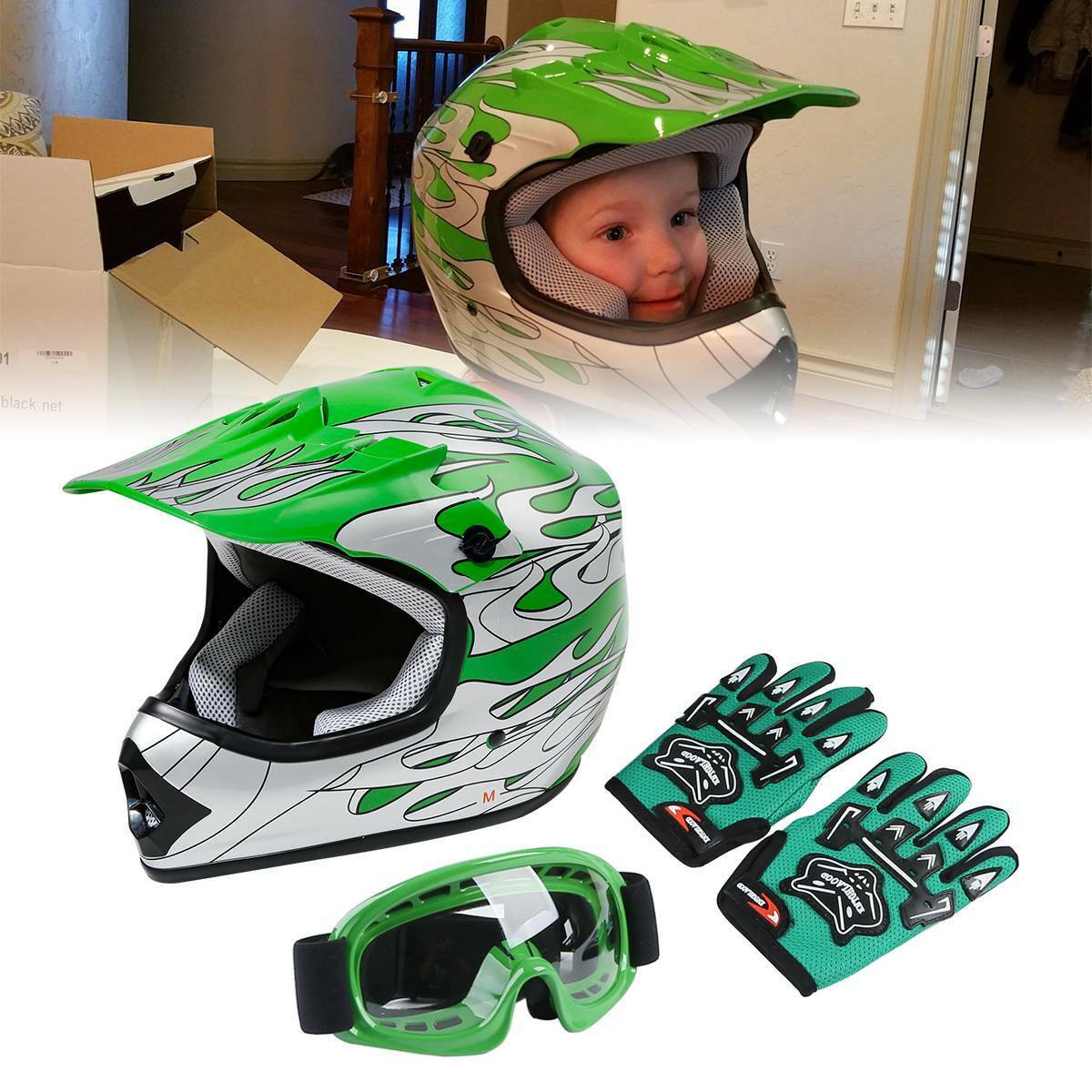 TCMT DOT Youth Green Flame Dirt Bike ATV Motocross Offroad Helmet+Goggles S-XL