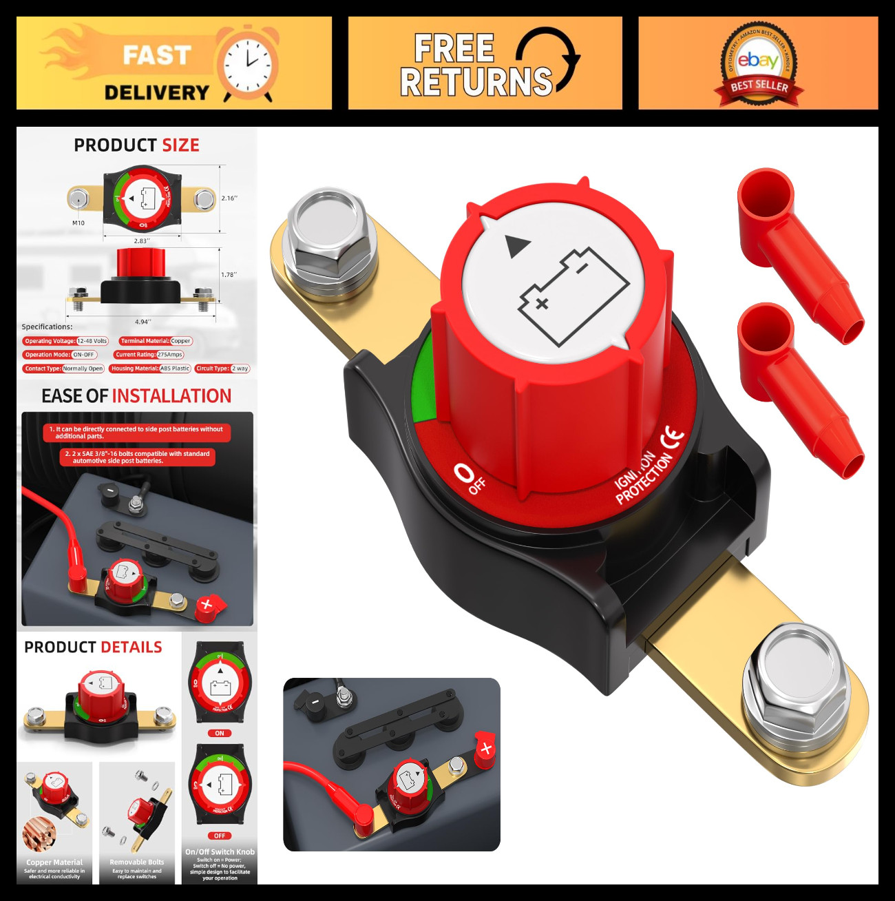 Waterproof 12V-48V Battery Disconnect Switch 275A for Marine, RV, Car, ATV, UTV