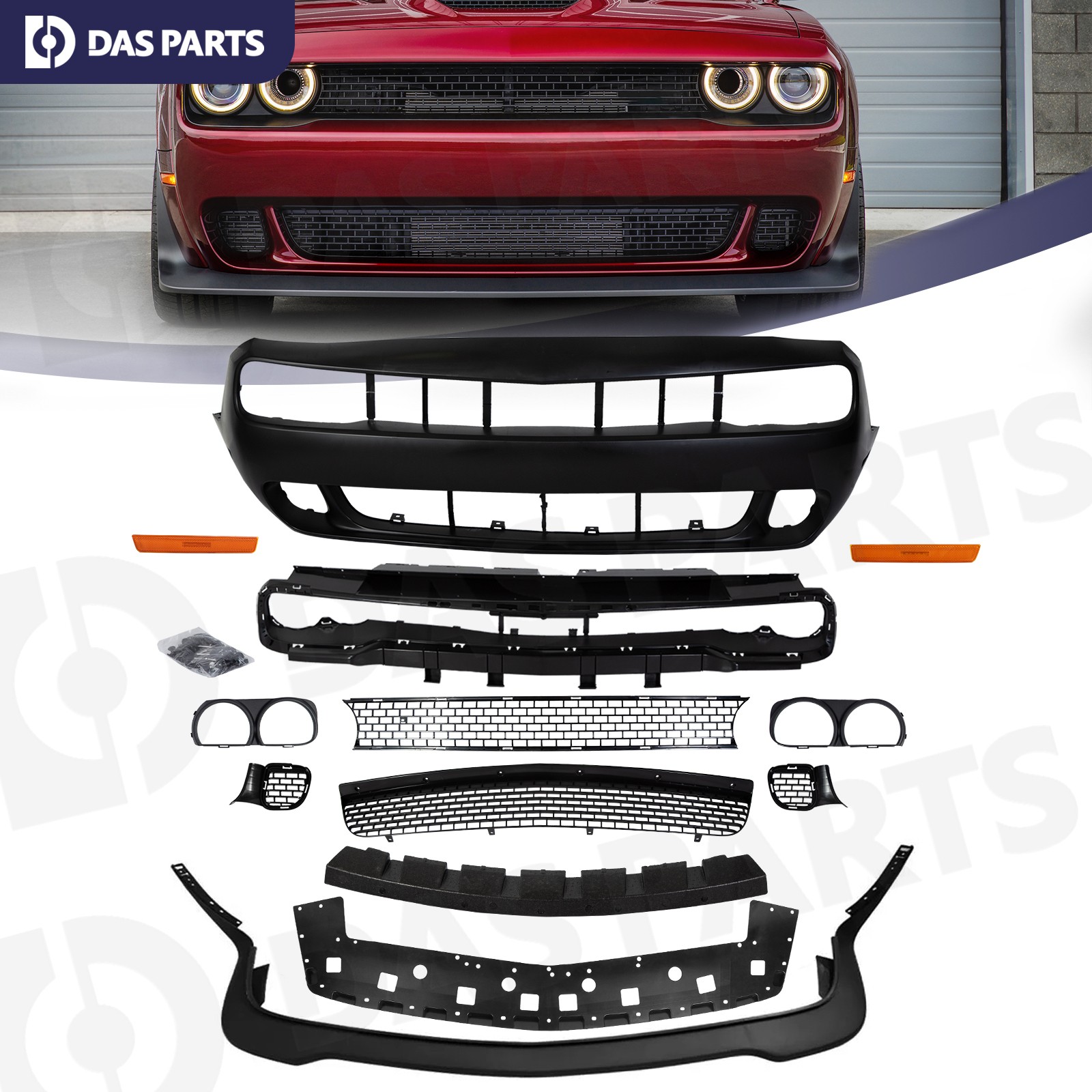 For 2015-2023 Dodge Challenger Full Front Bumper Cover Grille Lip Hellcat Style