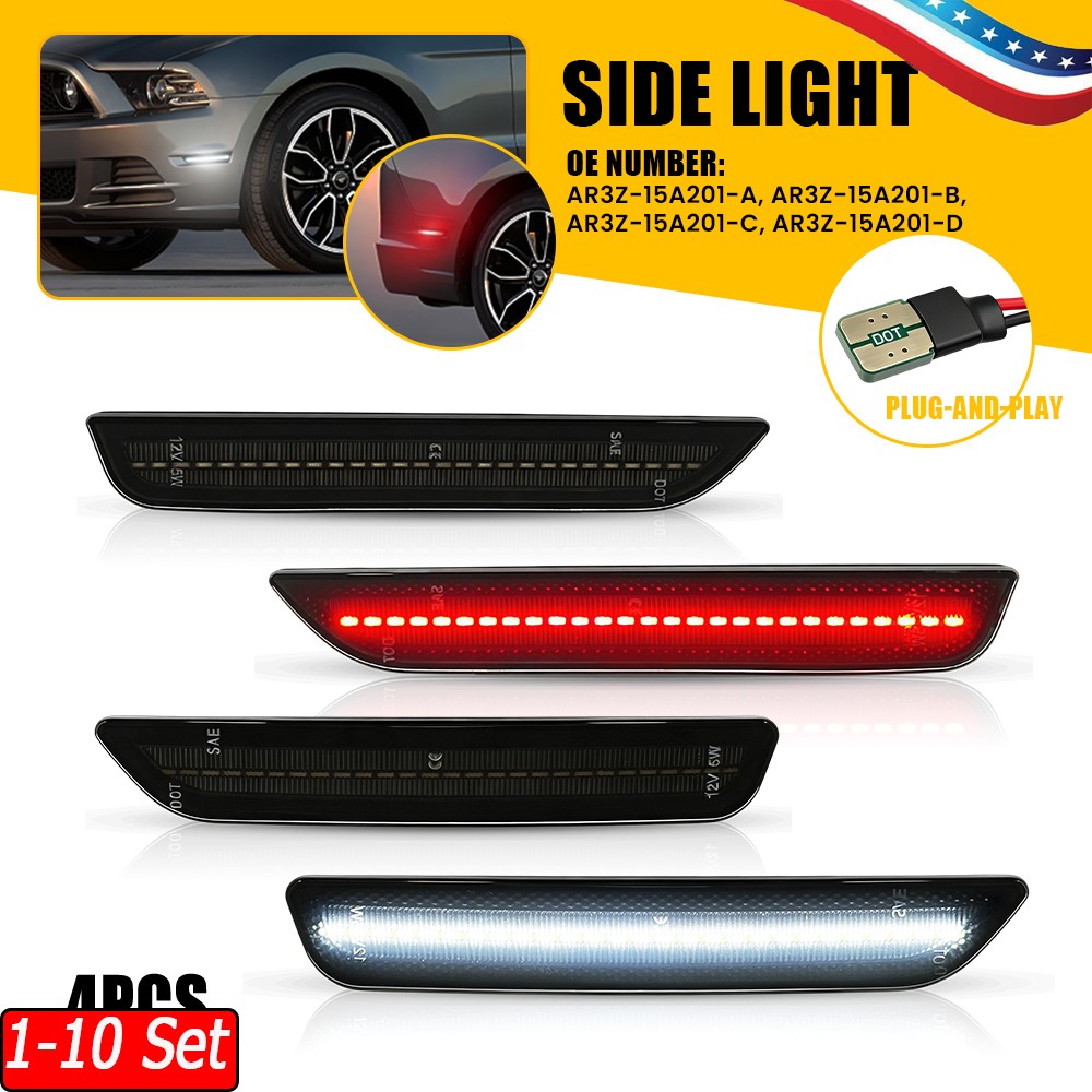 1-10x Solid White/Red Front & Rear LED Side Marker Lights For Ford Mustang 10-14