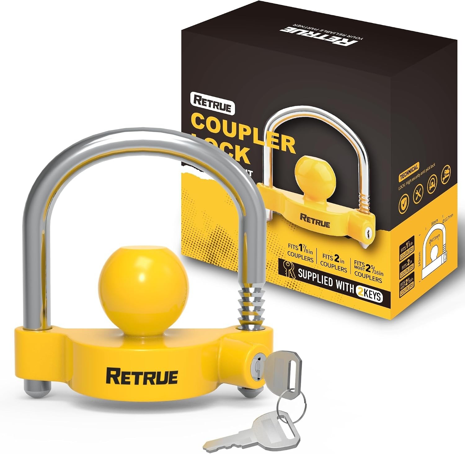 Adjustable Universal Trailer Coupler Lock - Heavy-Duty Hitch Lock, Bright Yellow
