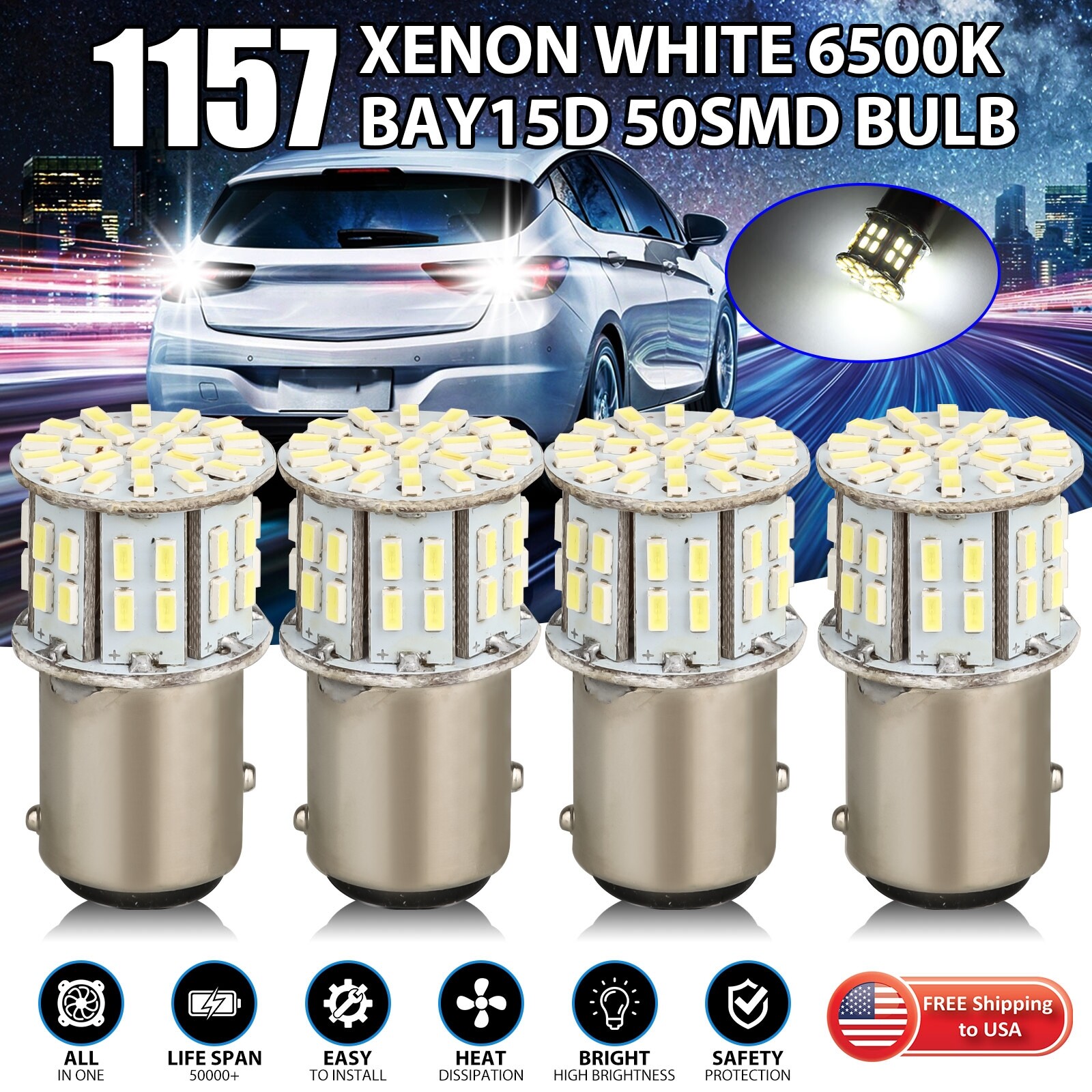 4x 1157 50-SMD LED Tail Brake Stop Reverse Parking Light Bulbs 6000K Super White 4x 1157 50-SMD LED Tail Brake Stop Reverse Parking Light Bulbs 6000K Super White