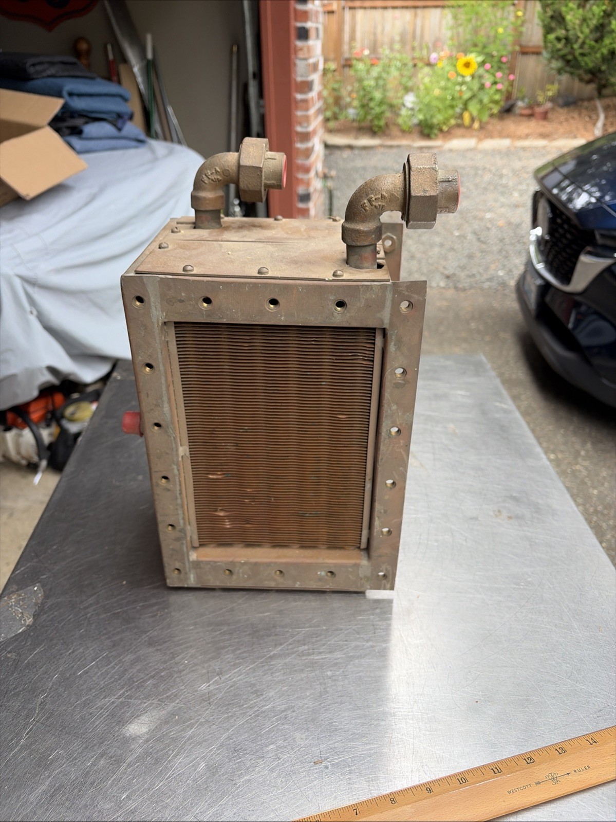 Vintage Heavy Duty Brass/Bronze Finned Heat Exchanger Fluid Oil Cooler Flanged Vintage Heavy Duty Brass/Bronze Finned Heat Exchanger Fluid Oil Cooler Flanged
