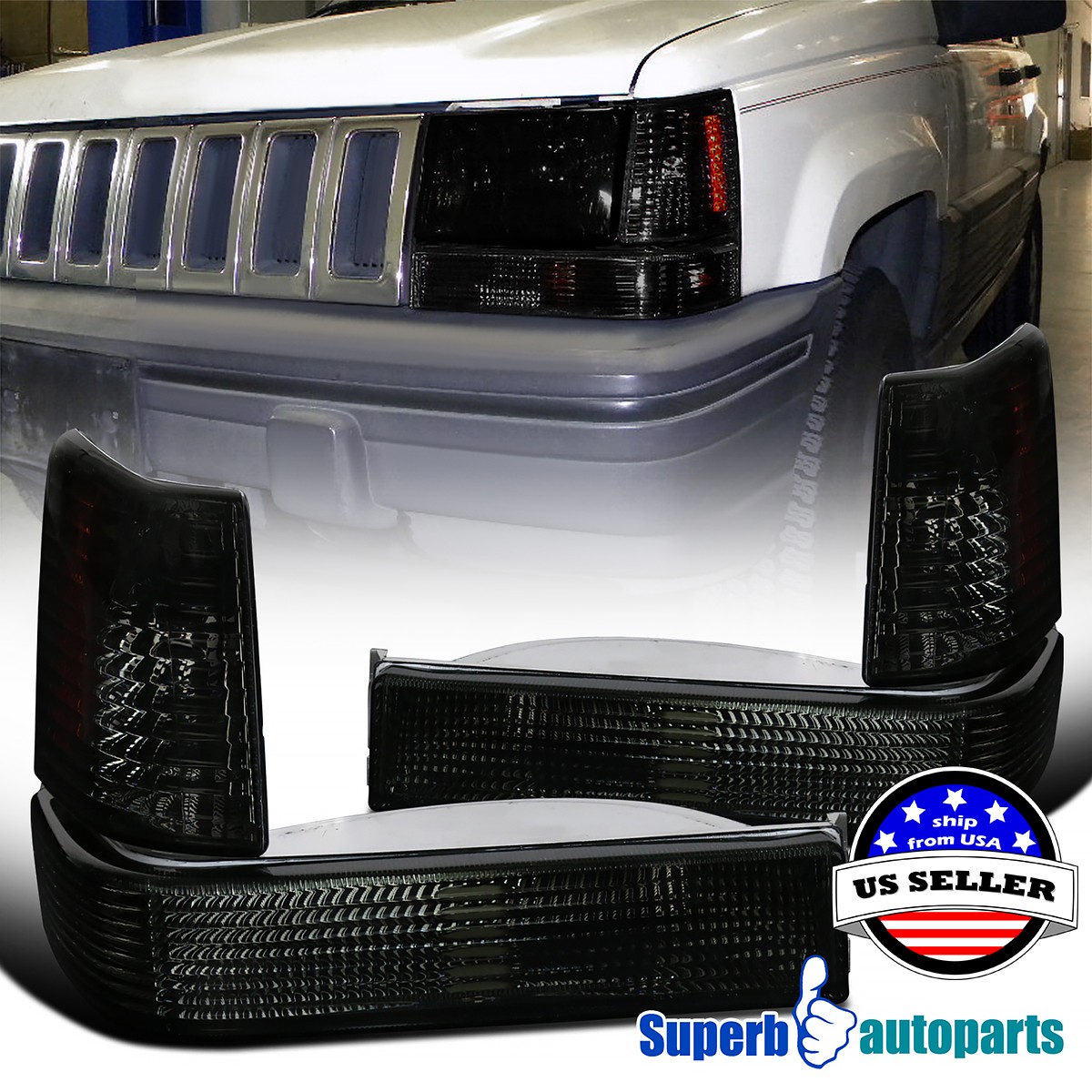 Fits 1993-1996 Jeep Grand Cherokee Corner Lights+Bumper 4PC Smoke Replacement Fits 1993-1996 Jeep Grand Cherokee Corner Lights+Bumper 4PC Smoke Replacement