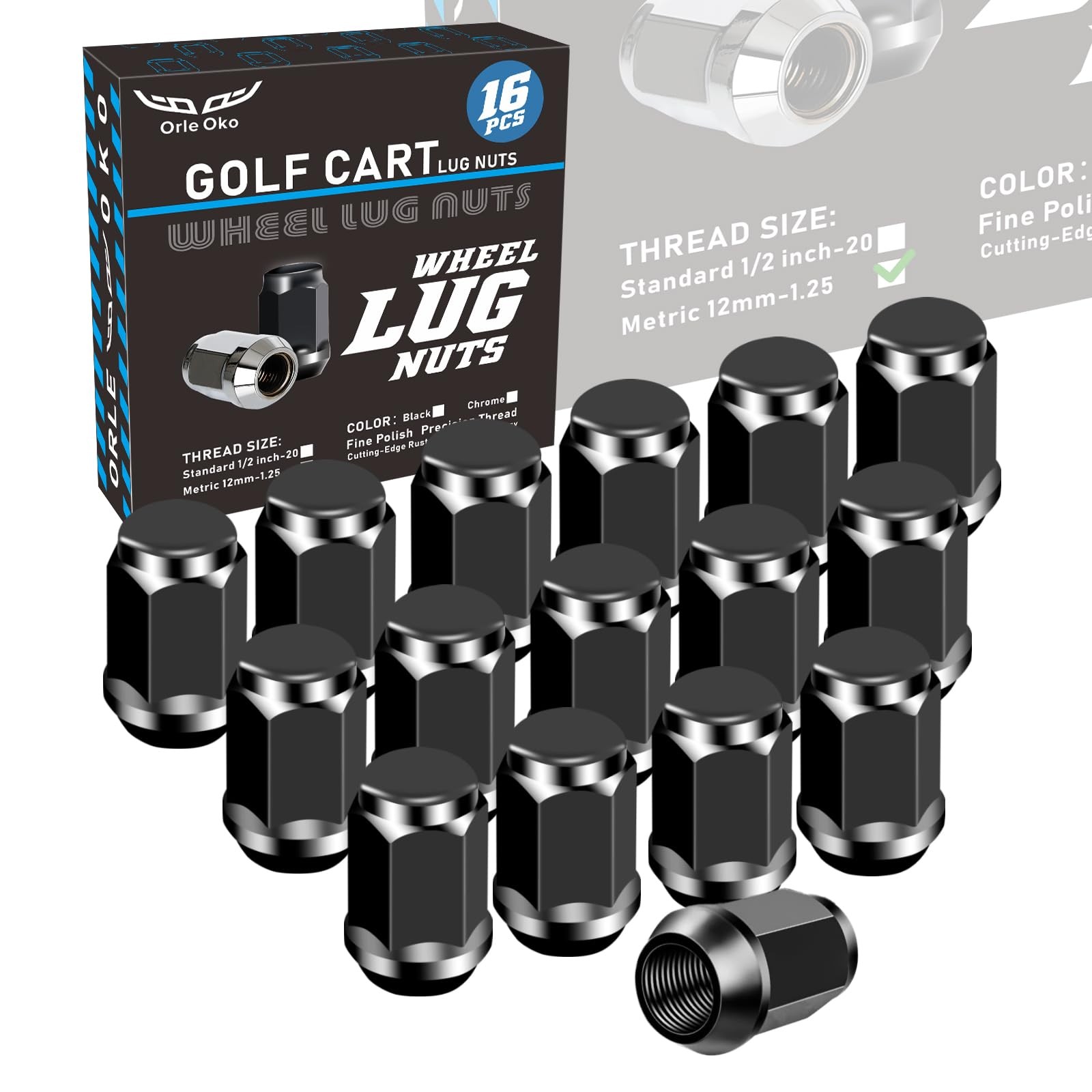 Orle Oko Golf Cart Black Lug Nuts for Yamaha/GEM,  12MMx1.25 Pack of 16 (Black)