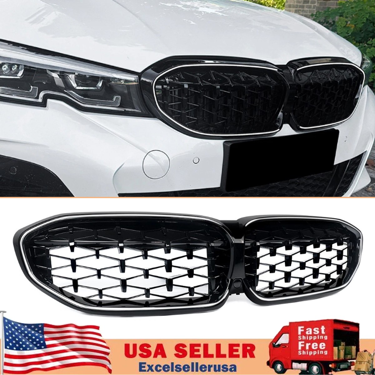 GLOSS BLACK DIAMOND STYLE FRONT GRILLE W/LED FOR BMW 3 SERIES G20 G21 2019-2022