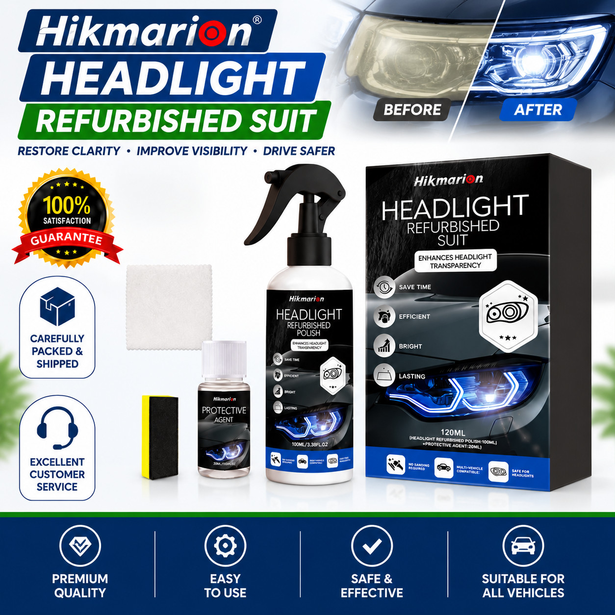 Automotive Headlight Restoration Kit for Oxidized, Hazy & Yellowed Lens Repair