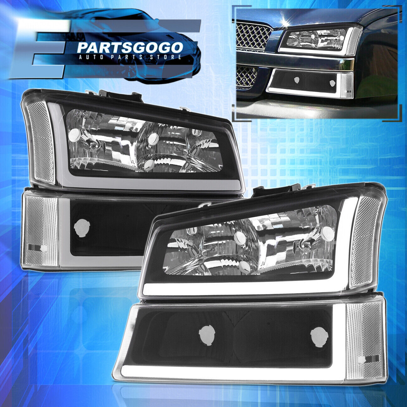 For 03-06 Chevy Silverado 1500 2500 3500 LED DRL Black Headlights + Bumper Lamps