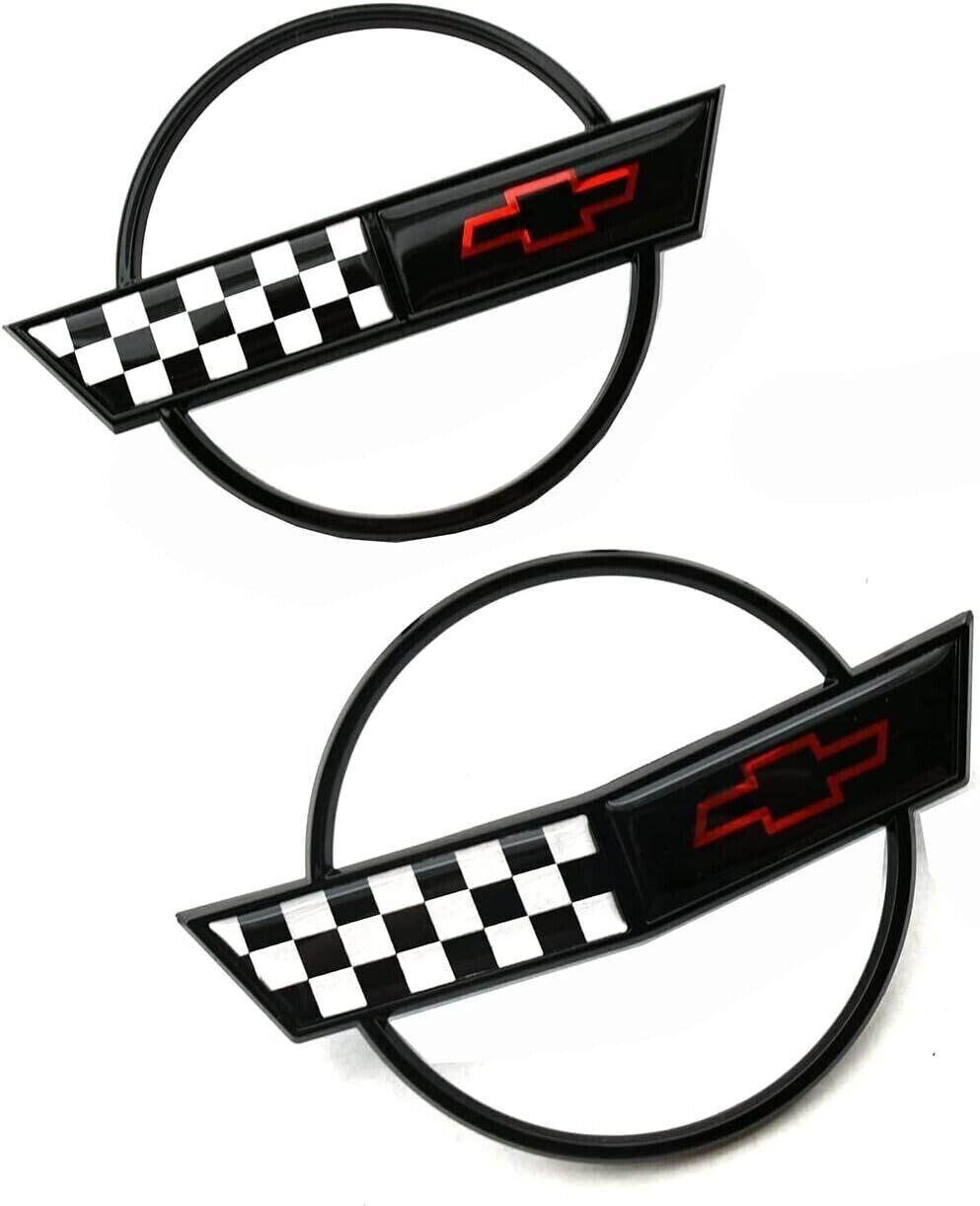 2pcs Black for 84-90 Corvette C4 Front Nose & Rear Gas Cross Flag Emblems Badge