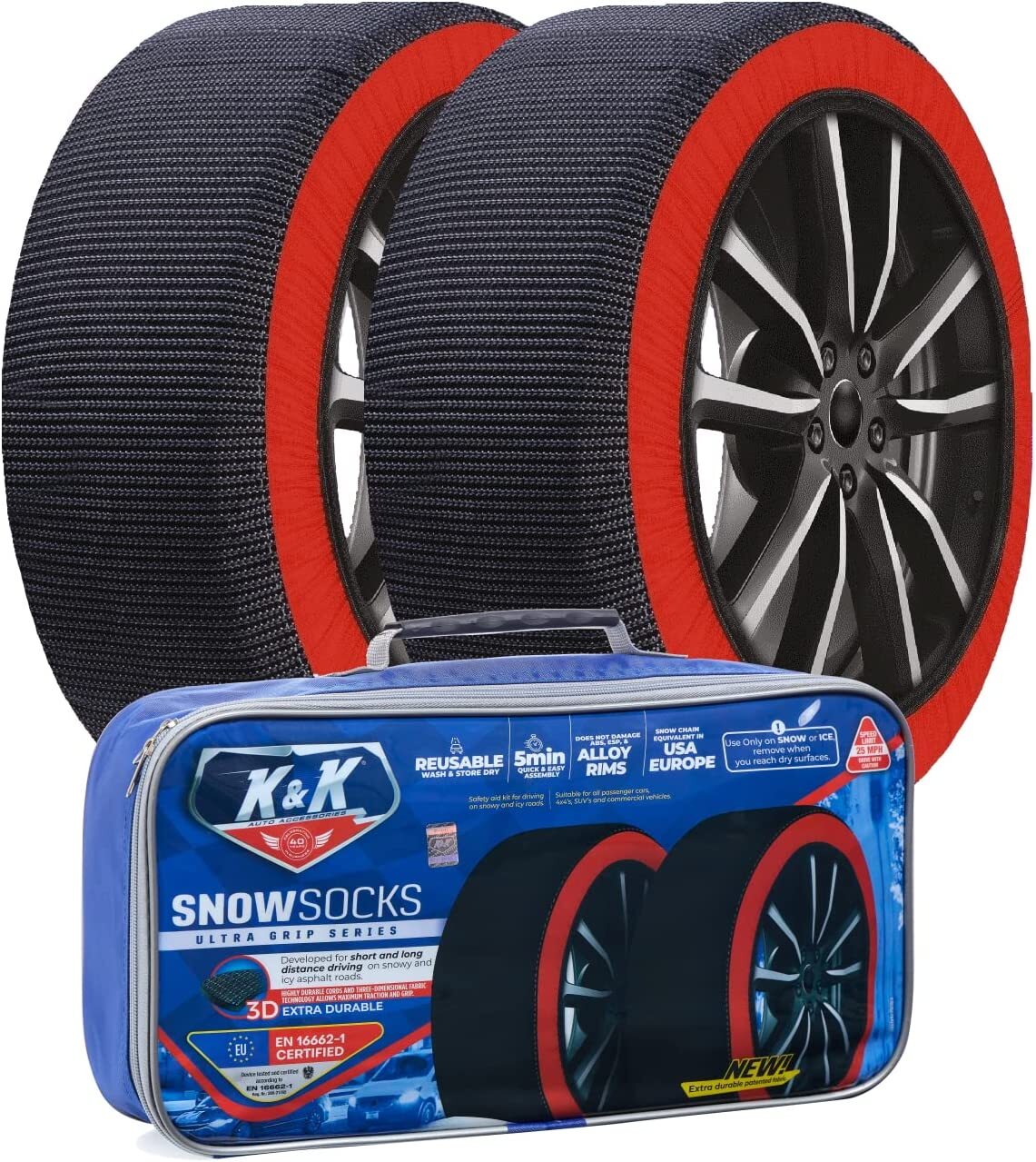 K&K Automotive Snow Socks for Tires - Alternative Traction Device for Cars SUVs K&K Automotive Snow Socks for Tires - Alternative Traction Device for Cars SUVs