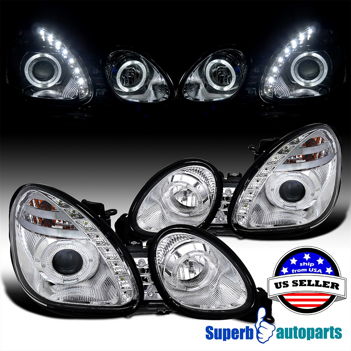 Fit 1998-2005 Lexus GS300 98-05 GS400 Halo Ring Projector Headlights 8-LED Lamps Fit 1998-2005 Lexus GS300 98-05 GS400 Halo Ring Projector Headlights 8-LED Lamps