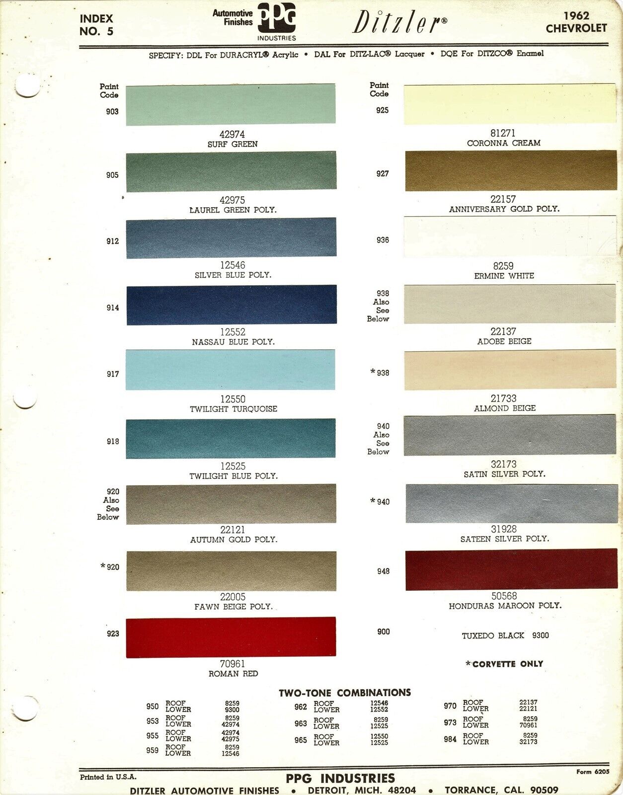 1962 CHEVROLET CORVETTE CORVAIR IMPALA SS BEL AIR CHEVY II PAINT CHIPS (PPG)