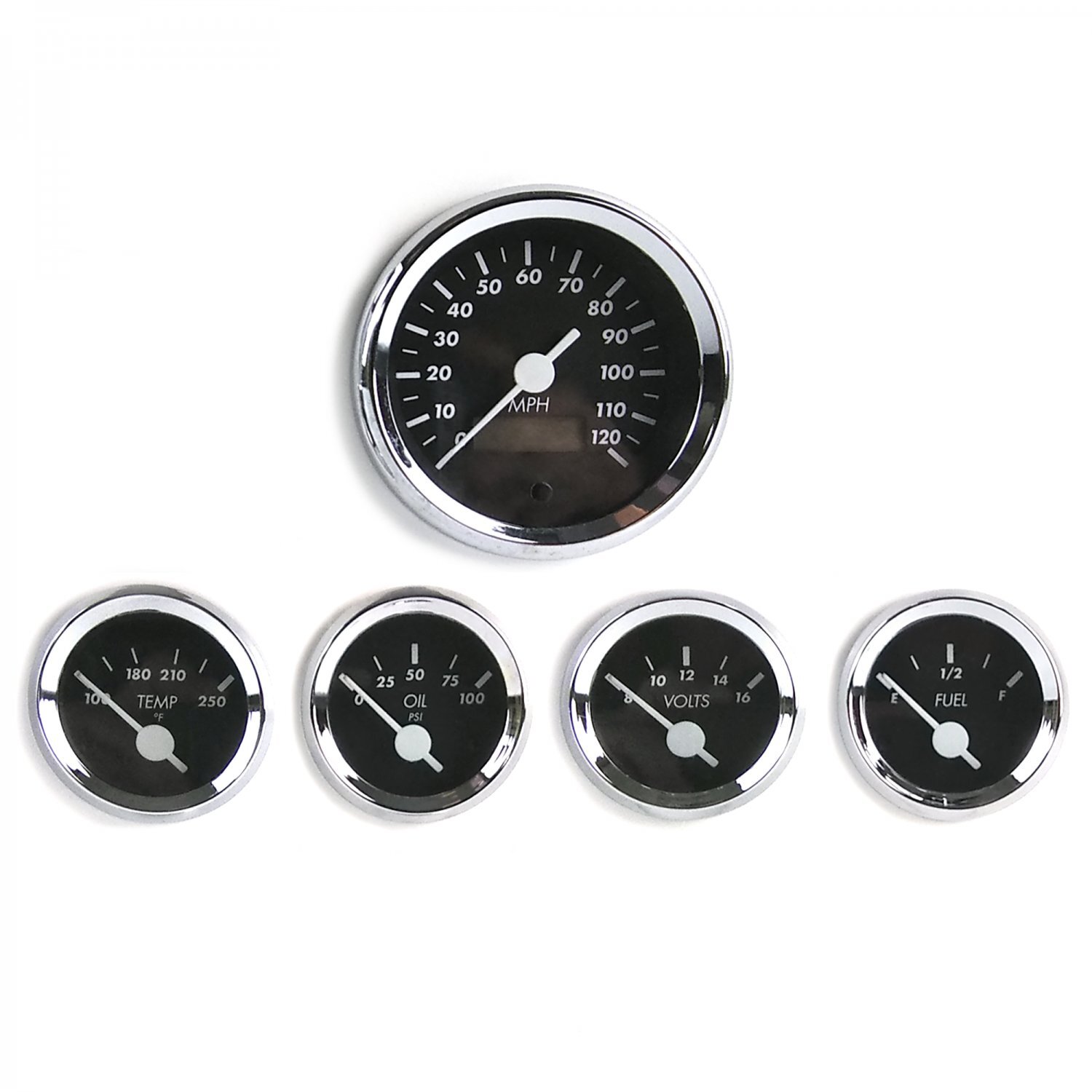 5 Gauge Kit SAE OG Classic Black White V Needles Chrome Trim Cluster Panel MPH 