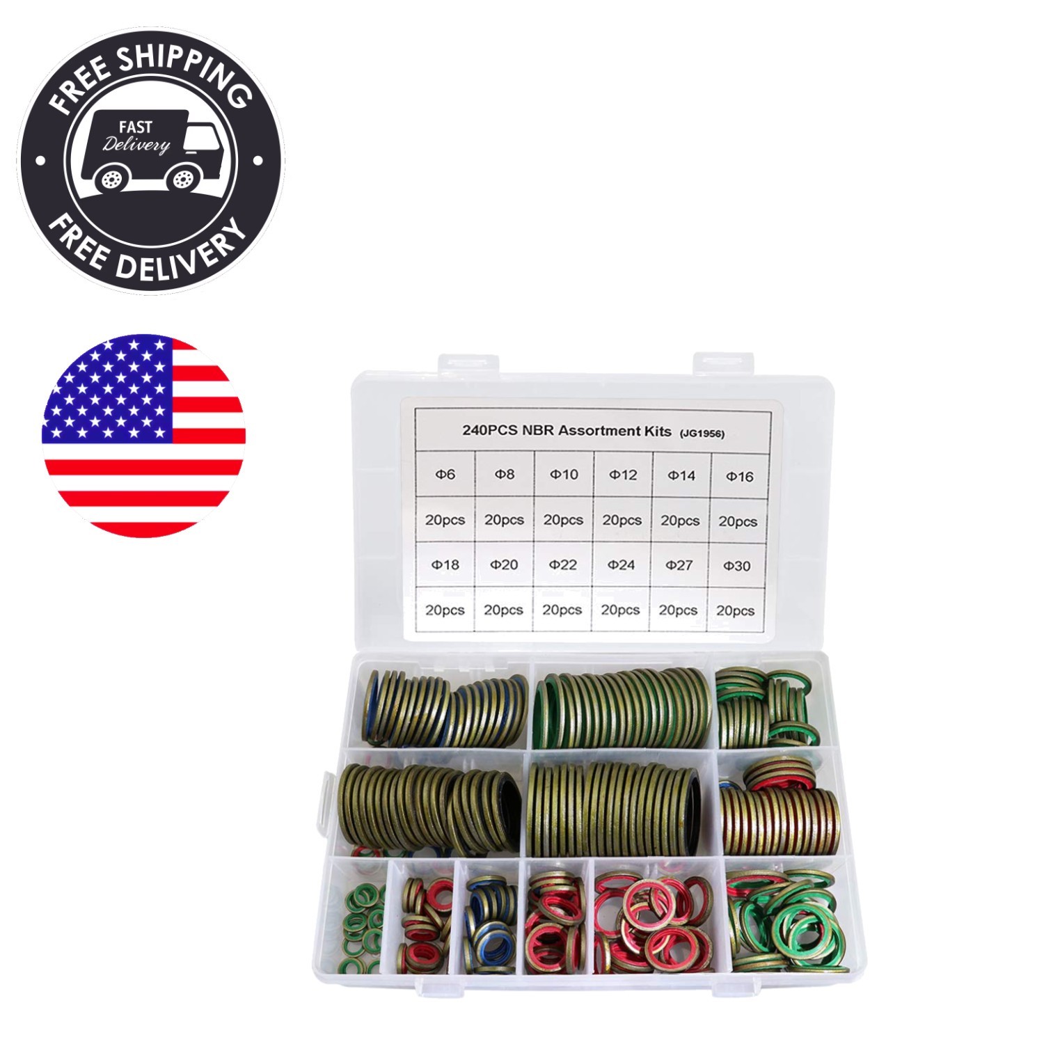 240 pcs NBR Metal Bonded Sealing Washer Assortment Kit - 12 Sizes for All Needs 240 pcs NBR Metal Bonded Sealing Washer Assortment Kit - 12 Sizes for All Needs