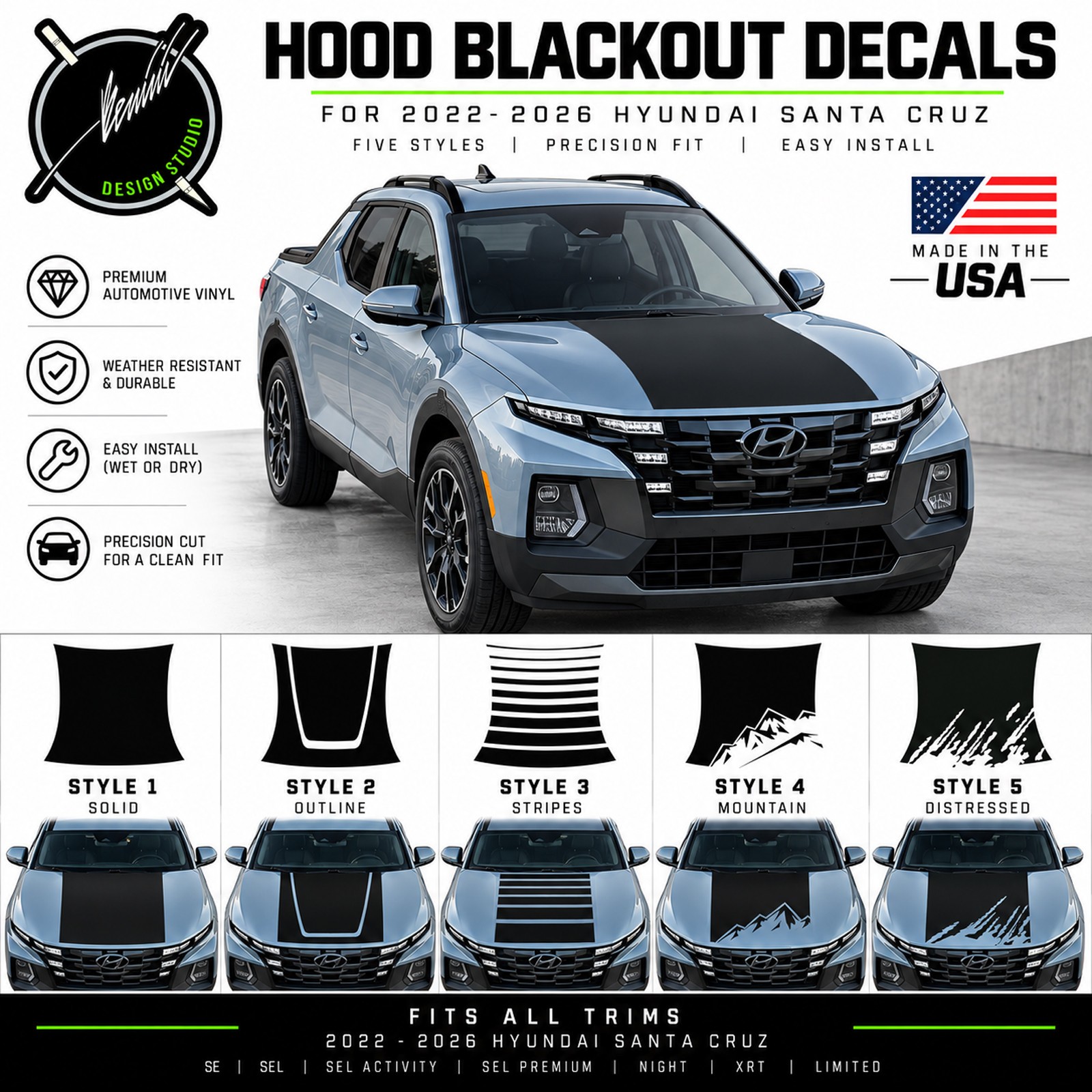 Hood Blackout Racing Stripe Decal Graphics for 2022-2026 Hyundai Santa Cruz