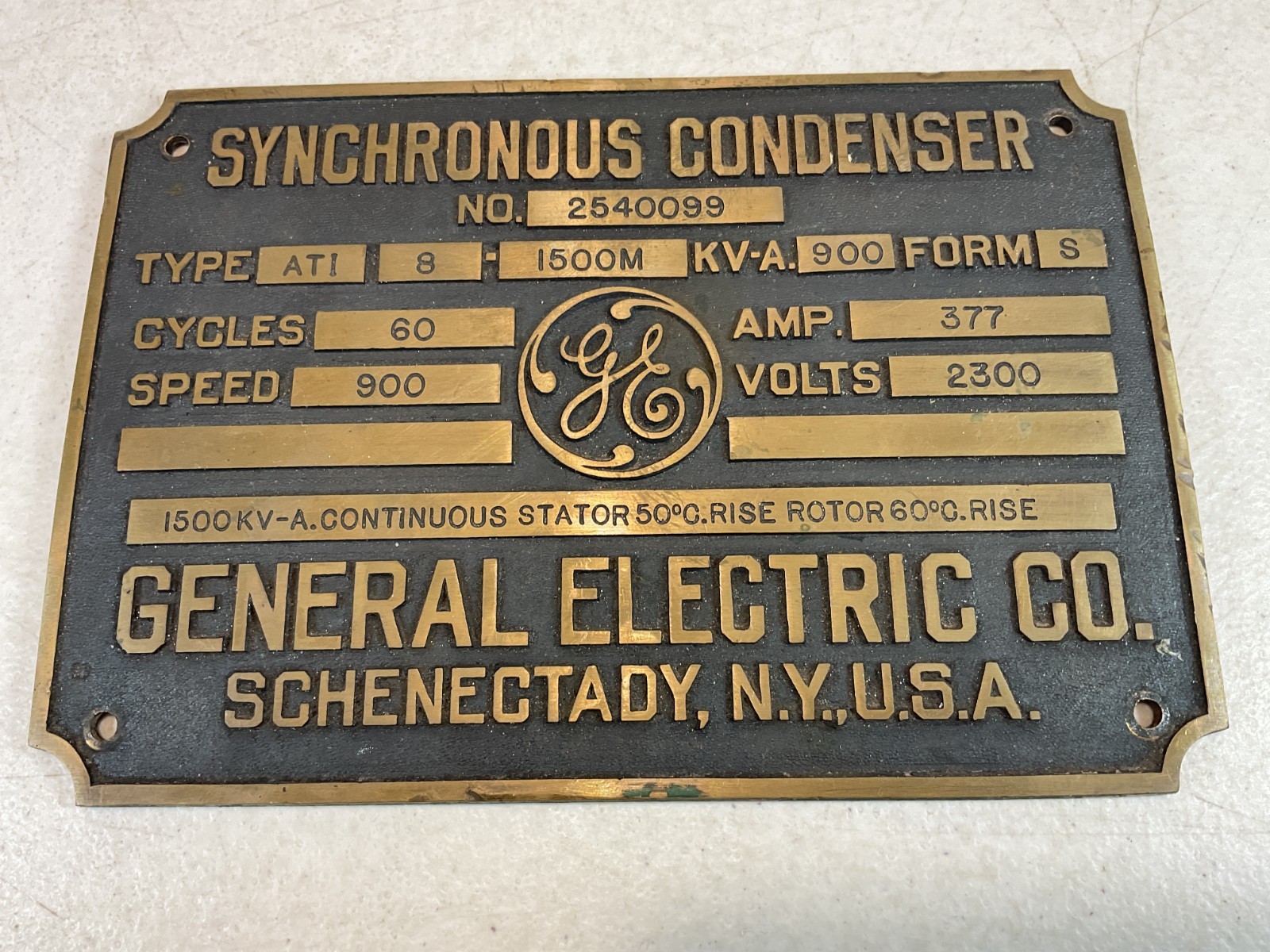 Vintage General Electric Synchronus Condenser Brass Plaque