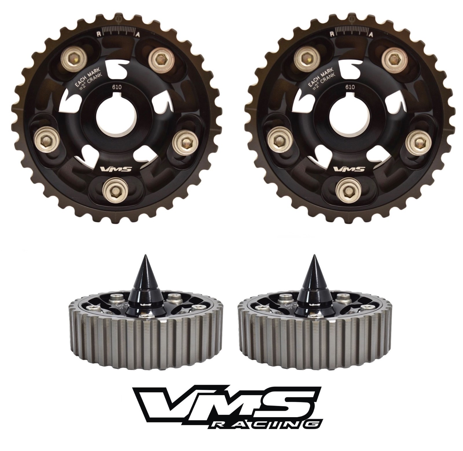 BLACK VMS RACING ADJUSTABLE CAM GEARS + SPIKED BOLTS HONDA ACURA B16 B18C