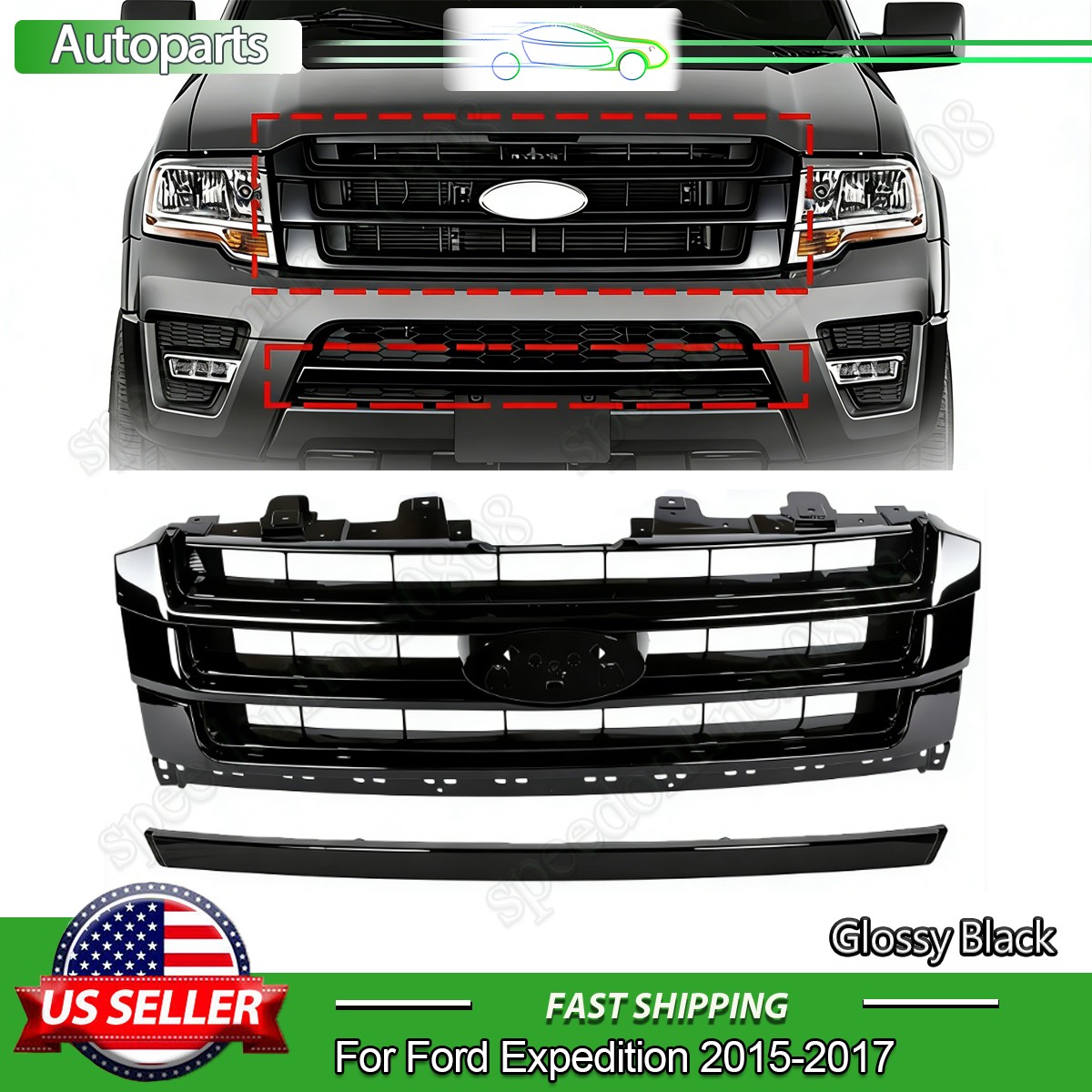 For 2015-2017 Ford Expedition Front Upper Bmuper Grille & Lower Trim Gloss Black