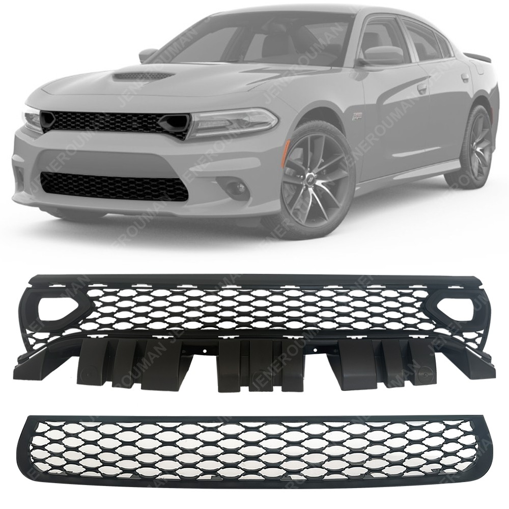2PCs Upper Lower Grill Grille W/O Camera Hole For 15-23 Dodge Charger Scat Pack