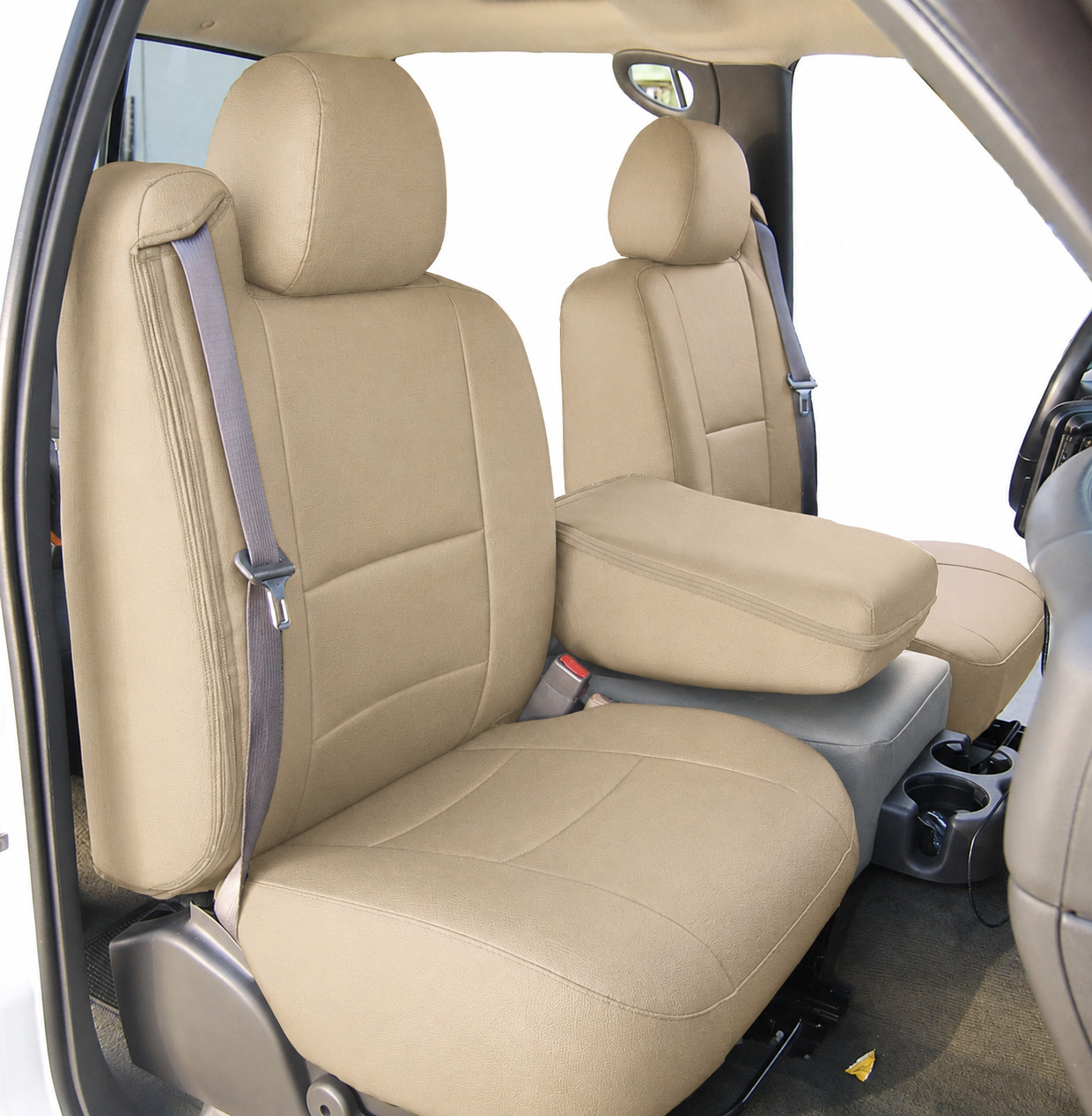 FOR 2000-02 CHEVY SILVERADO S.LEATHER CUSTOM MADE FIT 2 FRONT SEAT COVERS BEIGE
