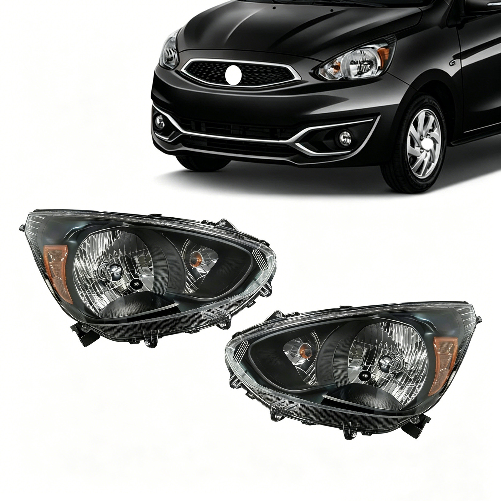 Black Housing Fits 2014-20 Mitsubishi Mirage Hatchback Headlight Lamp Set Pair