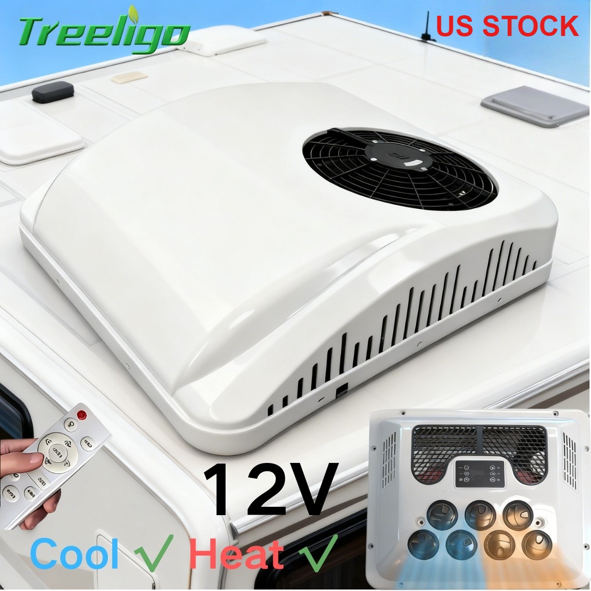 Treeligo 12V Rooftop Air Conditioner Cool&Heat AC Unit AC Kit Fits RV Truck Bus