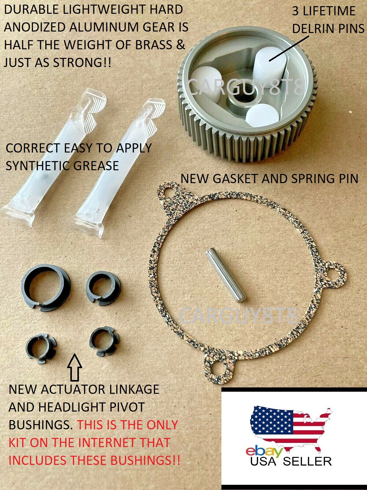 Corvette 88-96 Headlight Motor Aluminum Gear Kit+Actuator Bushings+Instructions