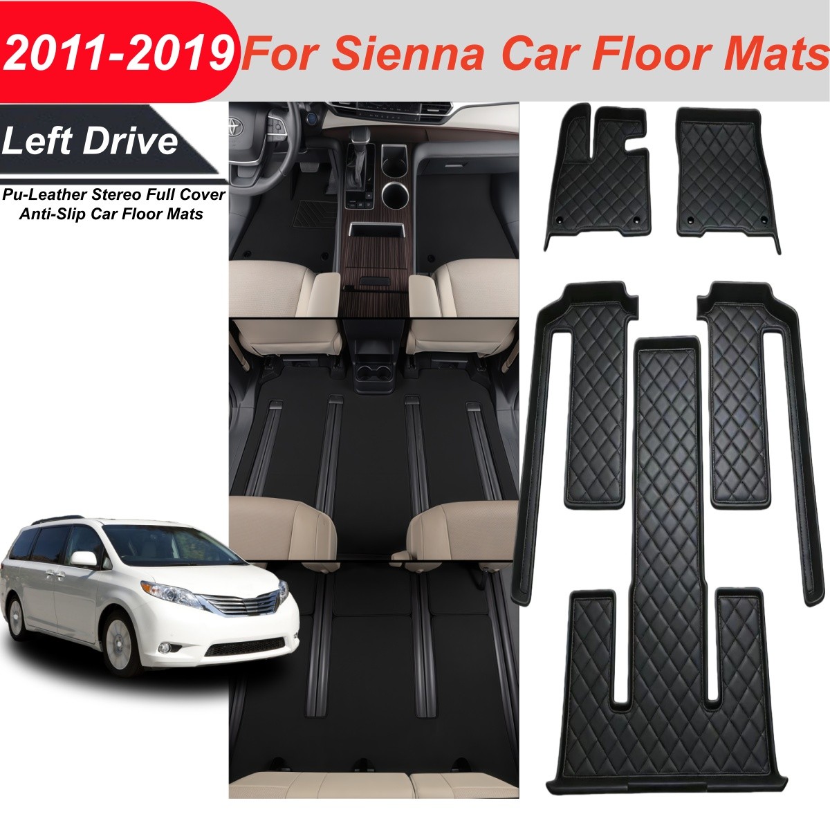 5Pcs Toyota Sienna PU Leather Floor Mats & Trunk Mats Black Full Coverage