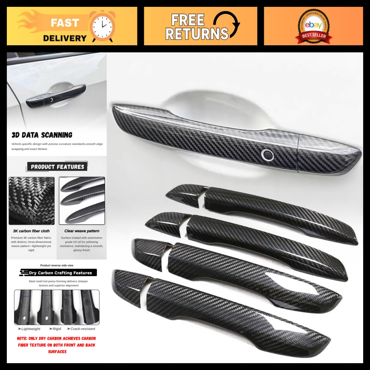 Dry Carbon Fiber Door Handle Trim Cover for Honda Civic 10th Gen 2016-2021, Deco