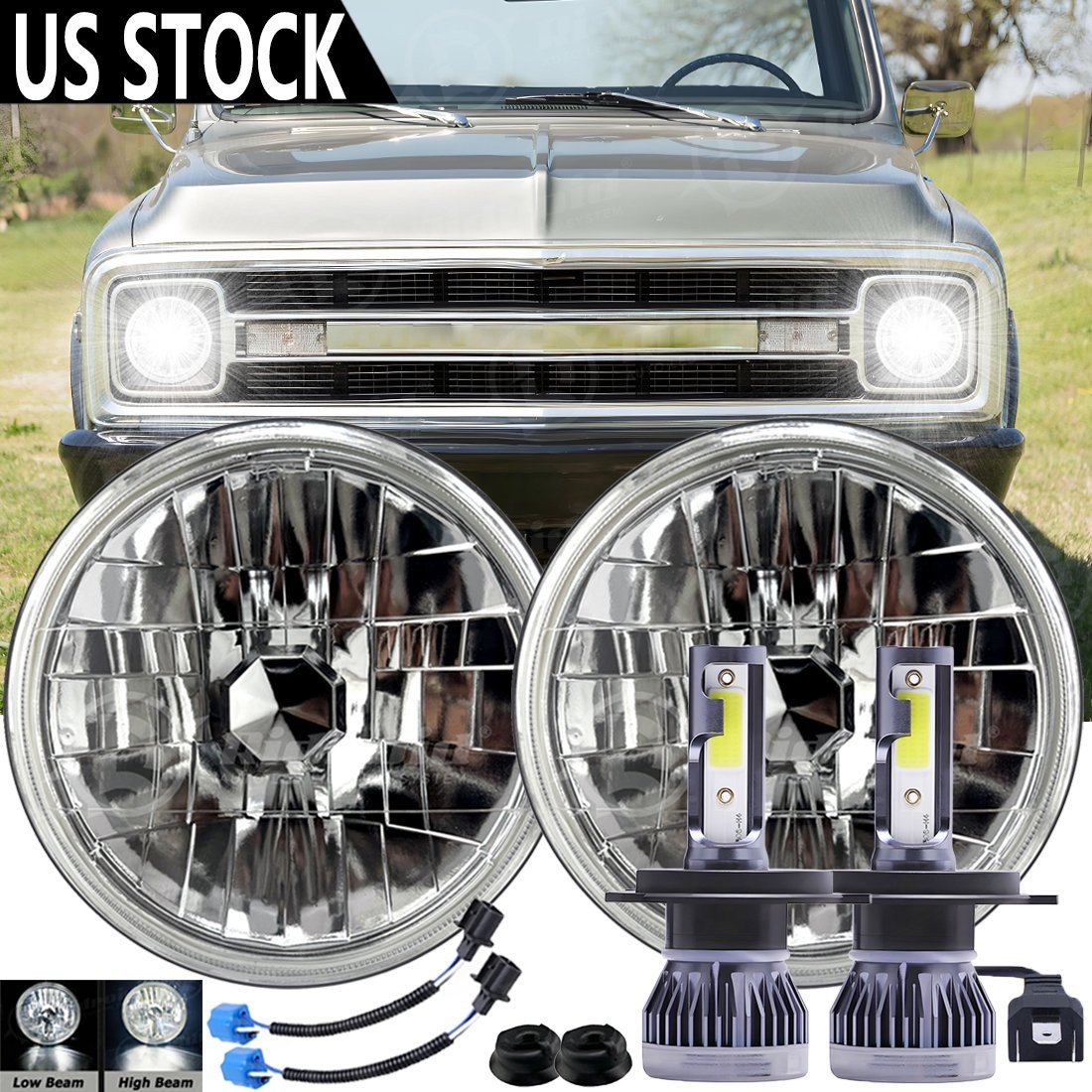 Pair 7 inch LED Headlights Round DOT Approved Hi/Lo Lamp For 1967-1972 Chevy C10